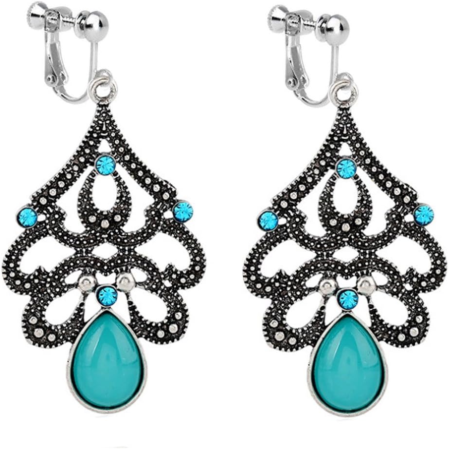 Vintage Clip on Earrings Waterdrop Dangle Tassels Created Cat Eye Stone Blue Lovers Proms