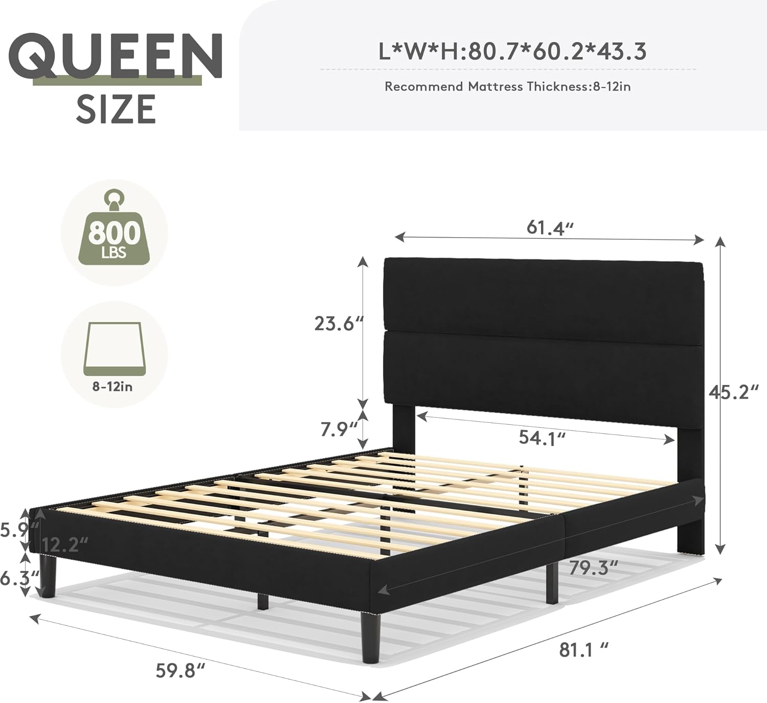 GRUSIGN Queen Size Platform Bed Frame with Velvet Headboard, Adjustable Height Wooden Slats Support, Upholstered Mattress Foundation, Fits Mattress or Mattress with Box Spring, Easy Assembly, Black