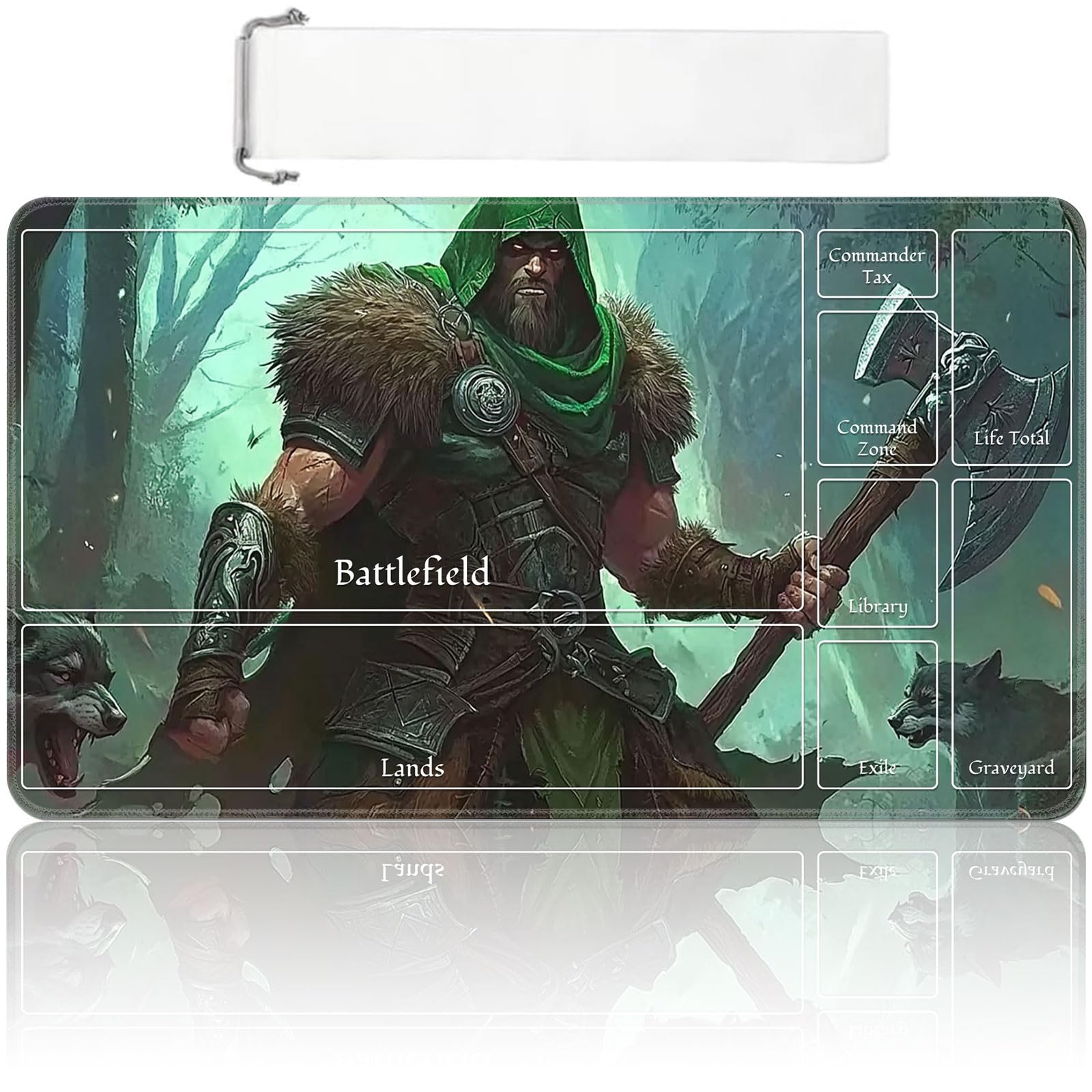 MTG Playmat with Zones 24x14 Inch – Trading Card Game Mat for Magic The Gathering, TCG Playmat with Free Storage Bag, Non-Slip Rubber Base Card Battle Play Mat, Dual Axe Ranger