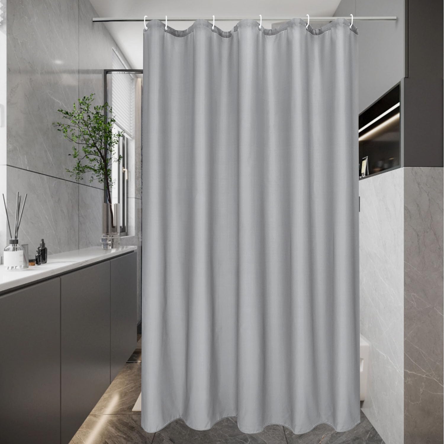 EurCross Cortina de ducha pequeña 100 x 200 cm, color gris, estrecha, impermeable, cortina de baño de tela de poliéster, antimoho, lavable, para baño con 6 anillas