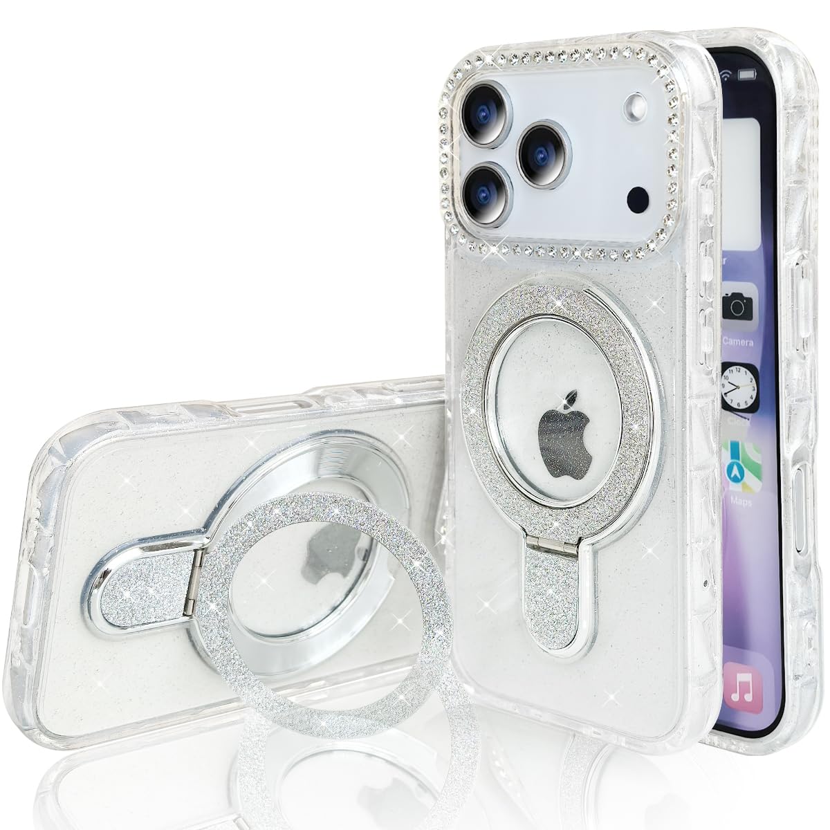 YUYIB スマホケース 対応 iPhone17 Pro クリアケース スタンド機能 全透明 キラキラ ドリル加工 高級なTPU素材 かわいい おしゃれ 耐衝撃 女性人気 スリム ストラップホール付き アイフォン17プロ 携帯電話かばー (ホワイト, iPhone17 Pro)