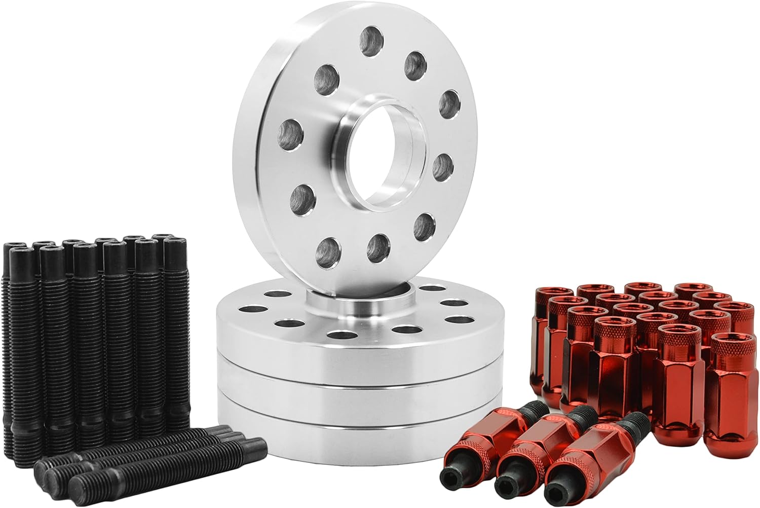 Venum wheel accessories 4 Pc 57.1 MM Hub Centric Spacers | 20 MM Thick | + Stud Conversion Kit W/Red Racing Lug Nuts (Replaces Lug Bols) - Fits Aftermarket Wheels | Compatible with Audi & Volkswagen