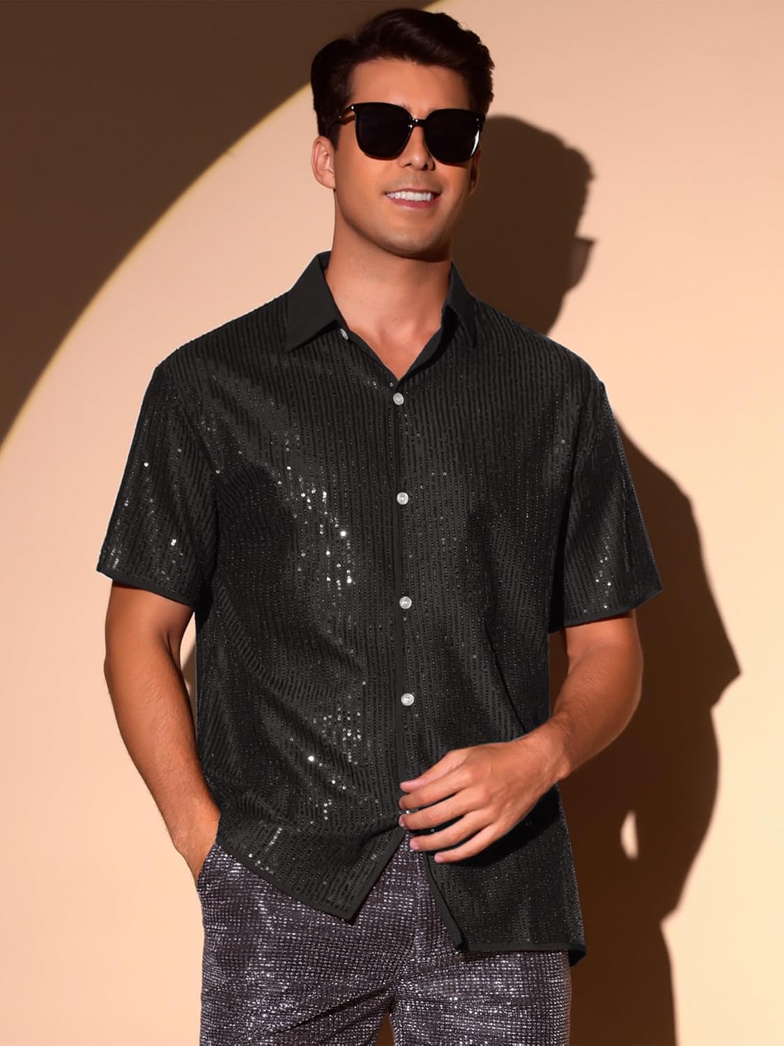 Lars Amadeus Sequins Shirts for Men's 70s Disco Retro Button Down Party Glitter Shirt