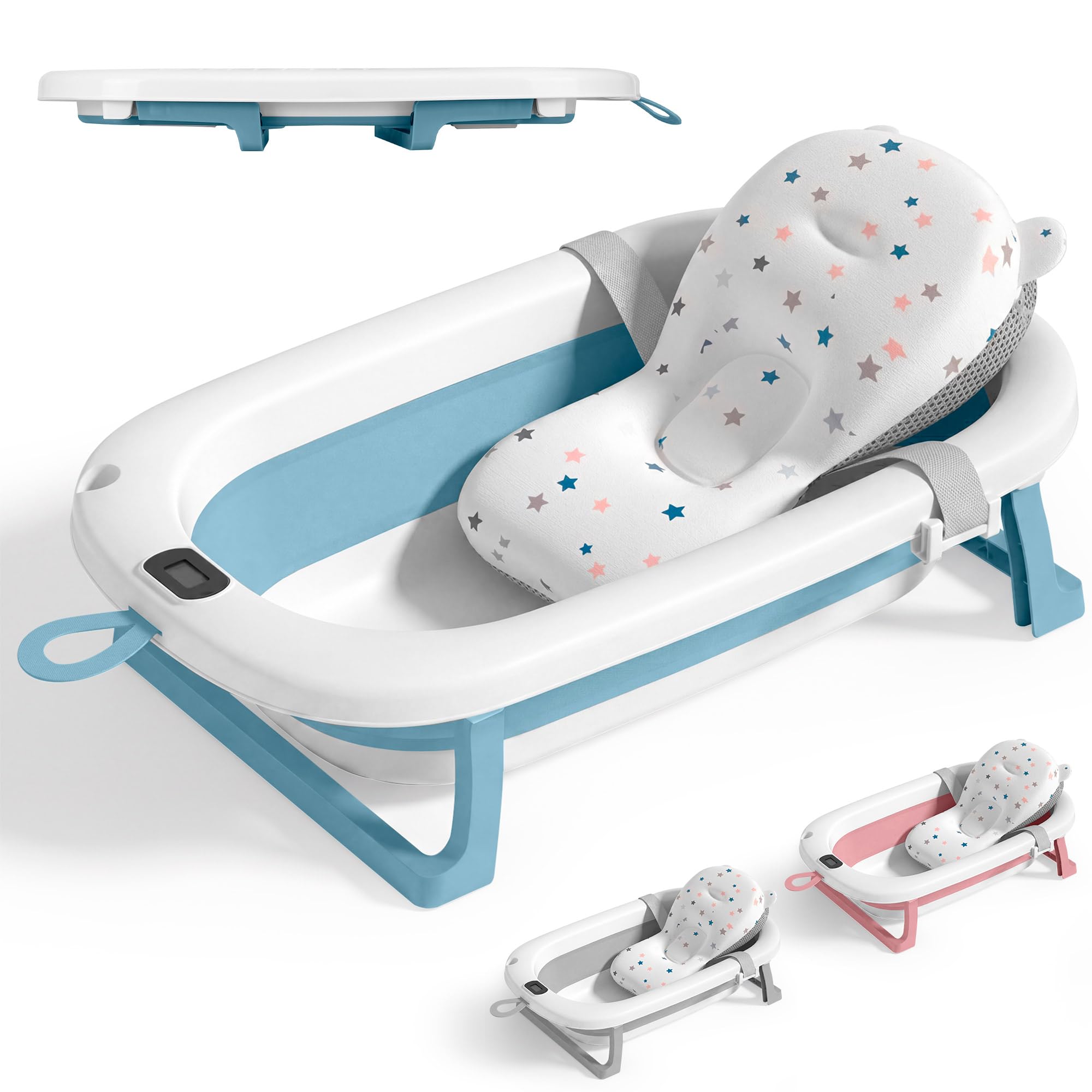 JUPPLIES Baignoire Pliable Bébé avec Coussin Ergonomique et Thermomètre Digital – 75x45x20 cm Bleu