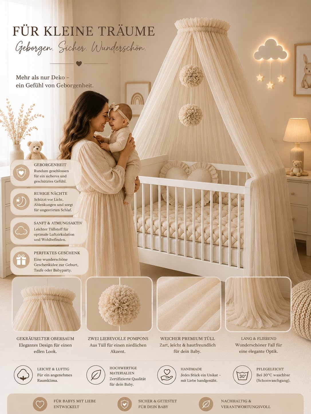 Baby Fancyroom lit pour bébé, berceau, moustiquaire, décoration chambre enfant, tulle qualité supérieure (beige)
