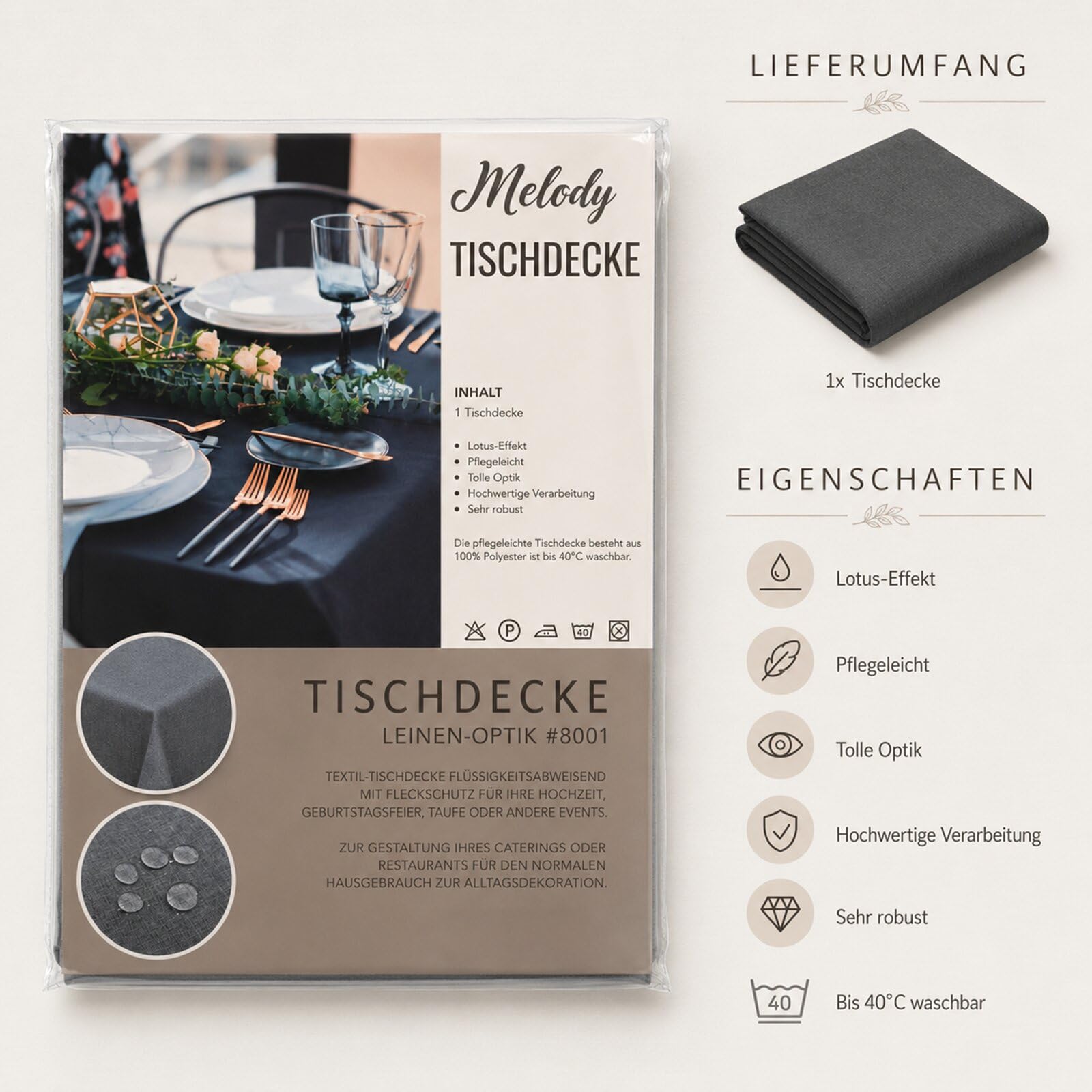 Textil Tischdecke Leinen-Optik 160x360cm eckig mit Fleck-Schutz Weiss *Tafeltuch* Farbe wählbar
