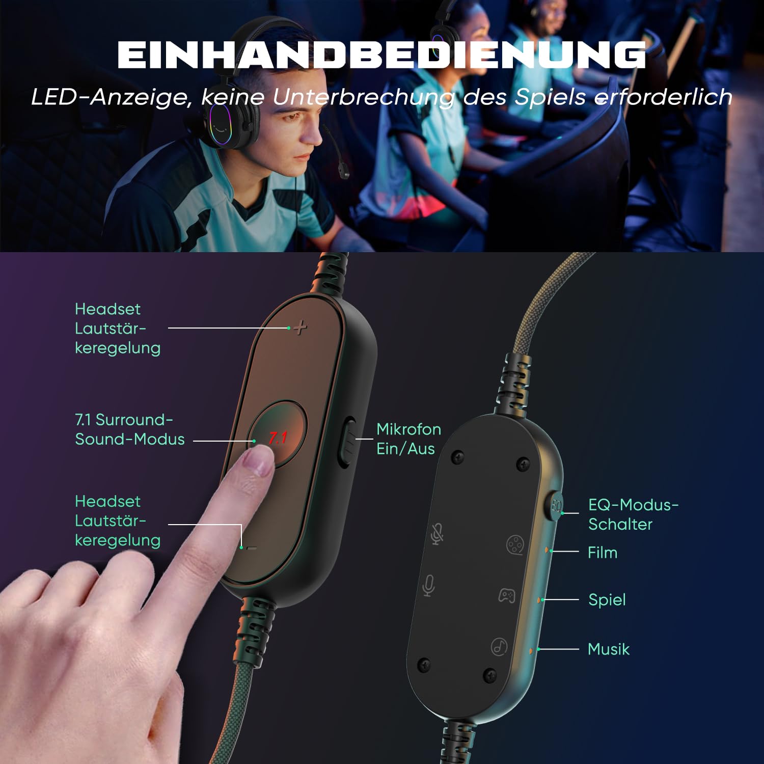 FIFINE Gaming Headset mit Mikrofon, Over Ear Kopfhörer mit Kabel, USB Headset für PC PS4 PS5, RGB Headphone mit 3 EQ-Modi, Surround Sound und Ohrpolster