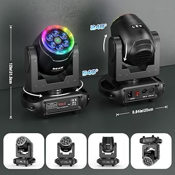6PCS 120W LED Moving Head DJ Light with 3D Rotating Lens (2 Beam Angle) | 12CH DMX-512 & Master/Slave Mode | 124,200Lux Wash Light for Christmas/Club/Outdoor Events