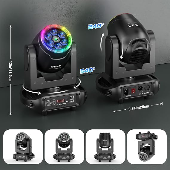 6PCS 120W LED Moving Head DJ Light with 3D Rotating Lens (2 Beam Angle) | 12CH DMX-512 & Master/Slave Mode | 124,200Lux Wash Light for Christmas/Club/Outdoor Events
