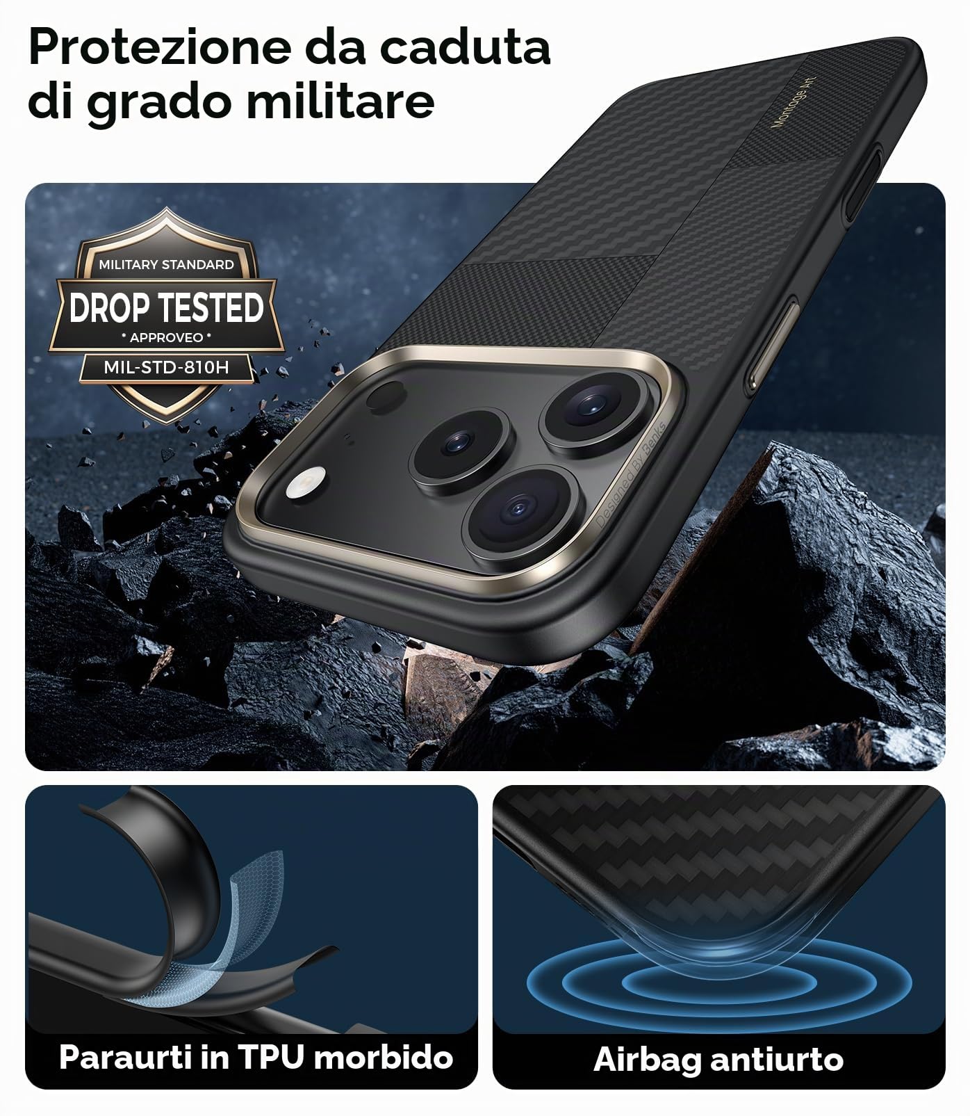 BENKS ArmorPro Montage Cover per iPhone 17 Pro Custodia per Controllo della Fotocamera, Compatibile con MagSafe, Protezione Antiurto di livello Militare, Kevlar 600D+1500D Fibra Aramidica e TPU