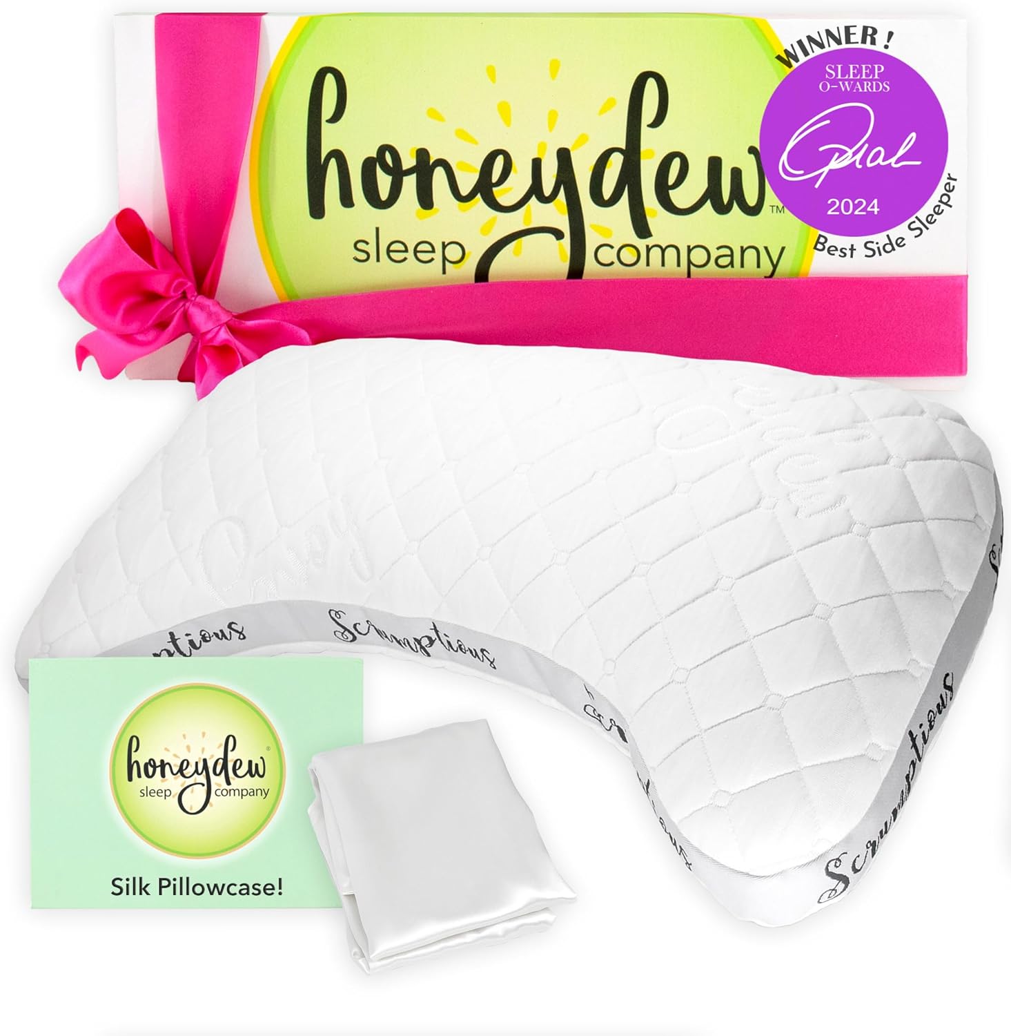 Honeydew Scrumptious Side Pillow + Silk Pillowcase Gift Pack- Adjustable Support for Neck & Shoulder Pain Relief- Made in USA- Pillow and Pillowcase Set (King Size)