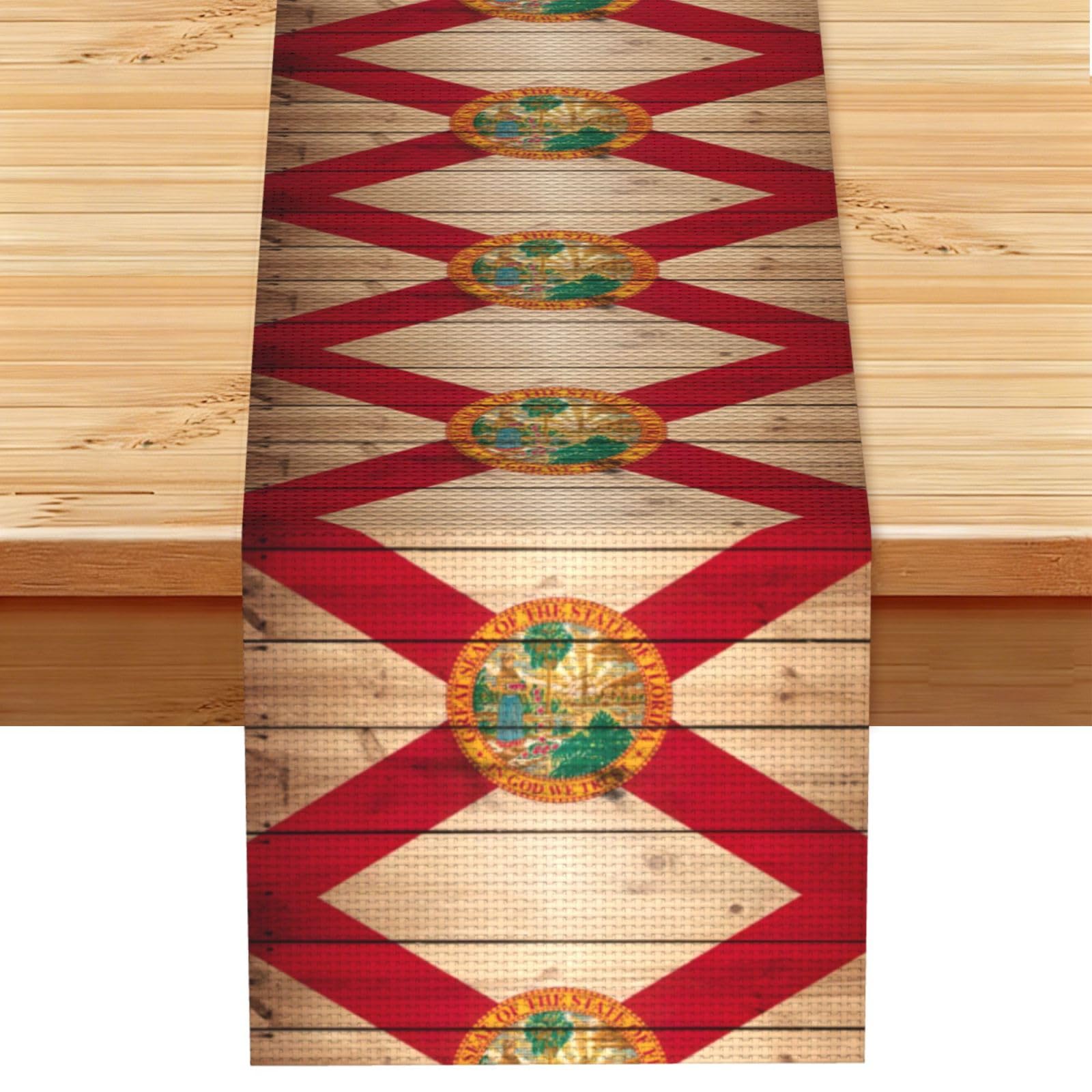 Florida flag wood grain Printed Table Runner 13 x 72, Wrinkle Resistant Decor for Dining Table Coffee Table Fireplace