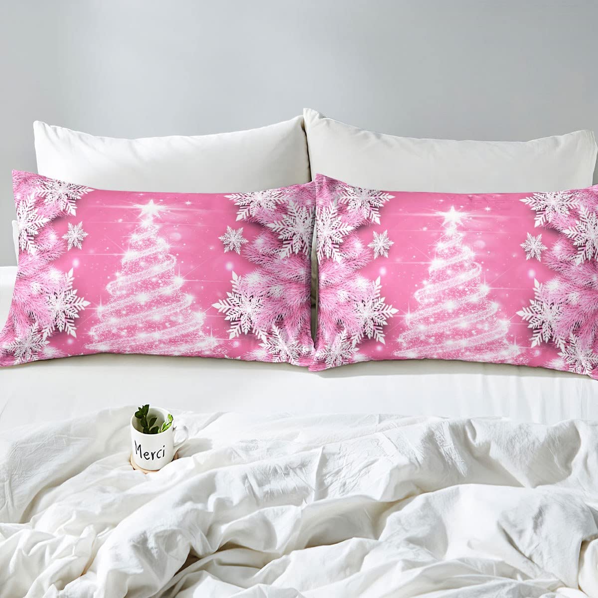 Christmas Tree Bedding Duvet Cover Set Girls Pink Xmas Snowflake Bedding Set Women Kids Glitter Merry Christmas Decor Comforter Cover Set Microfiber Bedspread Cover Bedroom Bedclothes King Size - Image 4