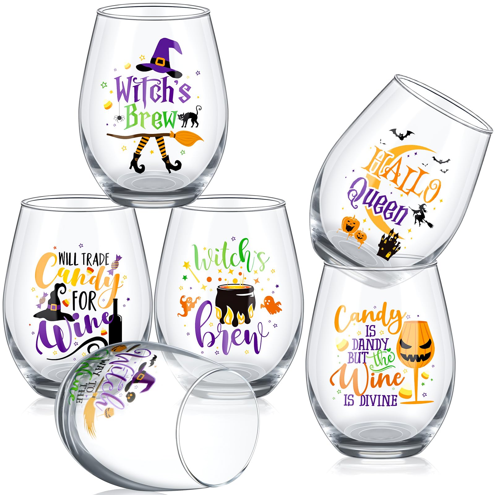 Bokon 6 Pcs Halloween Stemless Wine Glasses 15oz Witches Wine Glasses Hallo Queen Drinking Glasses Ice Coffee Beer Beverages Clear Tumbler Cups Halloween Gifts for Women Men Party Event Decorations