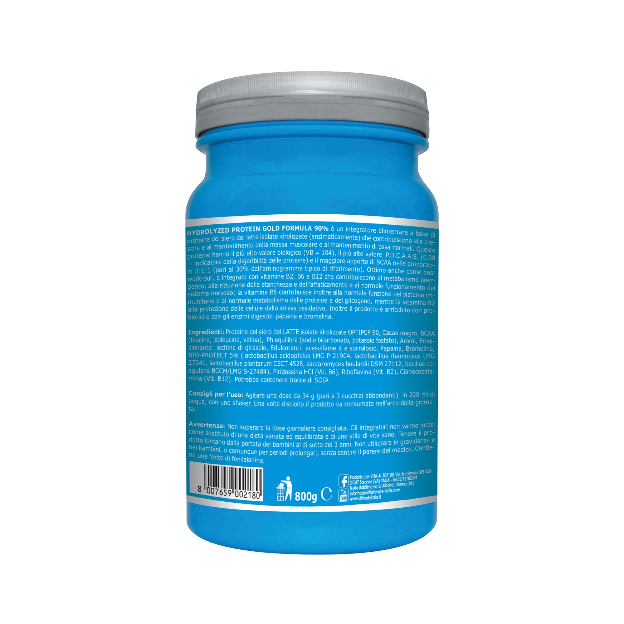 Ultimate Italia Integratore Alimentare a Base di Proteine del Siero del Latte Isolate Idrolizzate gusto Cacao - 800g