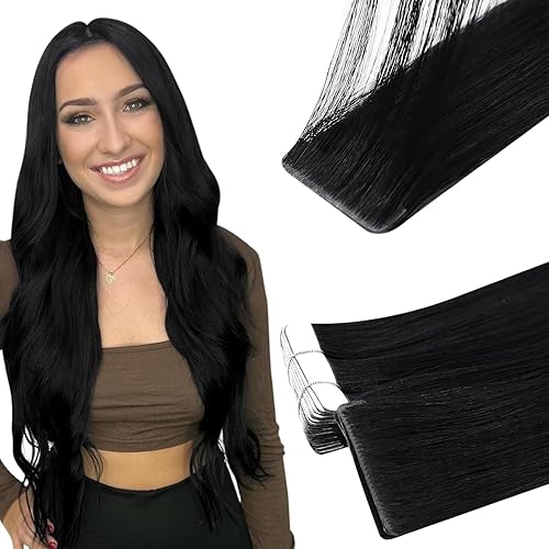 Full Shine Invisi Edge - Extensiones de cabello con cinta adhesiva invisible de 36 cm, color 1 negro, máquina Remy, extensiones de cabello humano