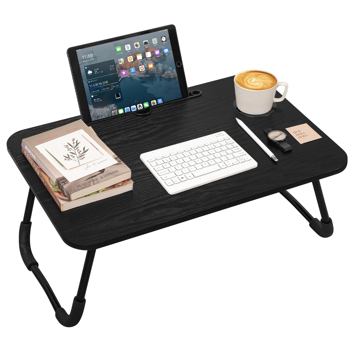 Schoßschreibtische für Erwachsene, klein, schwarz, Laptop-Schreibtisch, Holz, Laptop-Ständer, Tische, Klapptisch, Knietablett, Tisch mit Getränkehalter, faltbar, tragbar, Couch, Bodenschreibtisch für