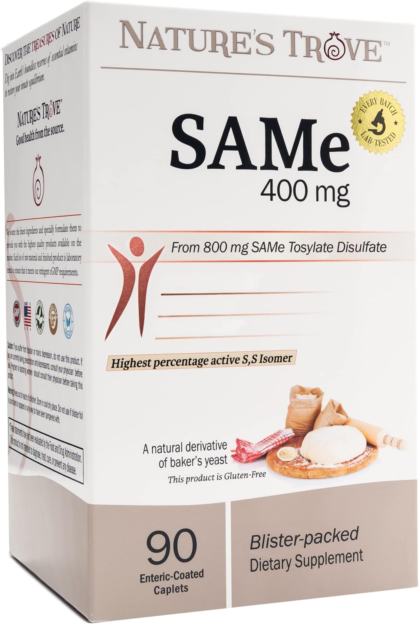 SAM-e 400mg by - 90 Enteric Coated Caplets. Vegan, Kosher, Non-GMO, Soy Free, Gluten Free - Promotes Positive Mood and Joint Comfort - Cold Form Blister Packed.