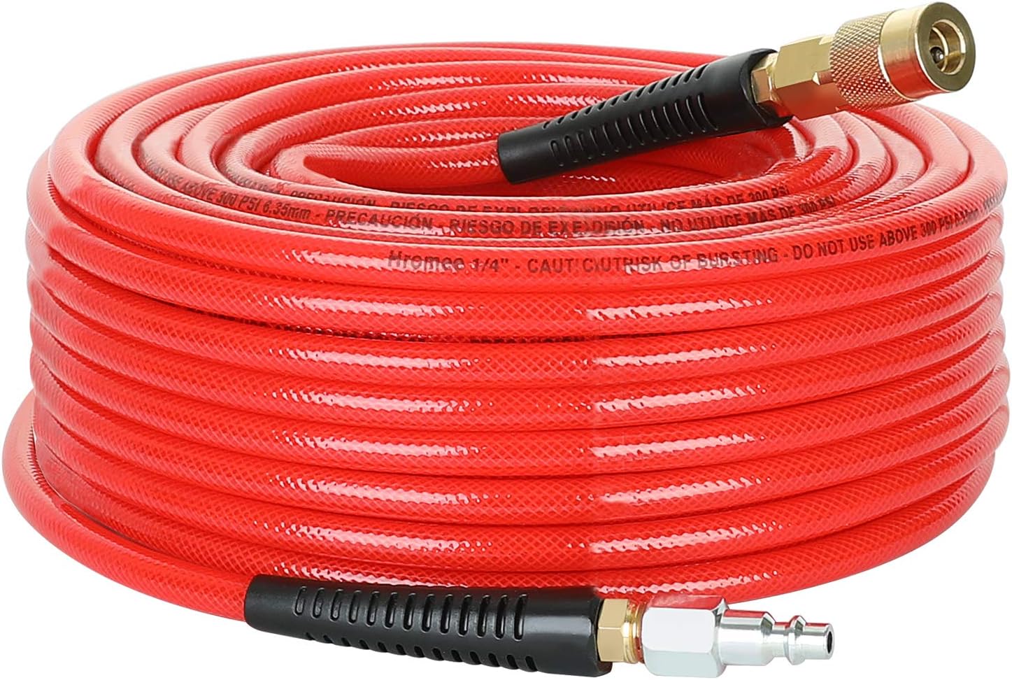 Hromee 1/4-Inch x 100 Feet Polyurethane Air Hose with Bend Restrictors PU Compressor Hose with 1/4" Industrial Quick Coupler and Plug Kit, Red