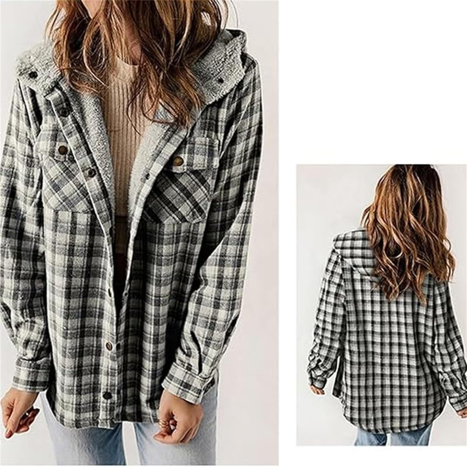 Abrigo Con Capucha Y Botones En La Parte Delantera Con Estampado A Cuadros Exclusivo Para Mujer 2024, Chaqueta Con Capucha A Cuadros Para Mujer, Chaquetas Con Capucha A Cuadros