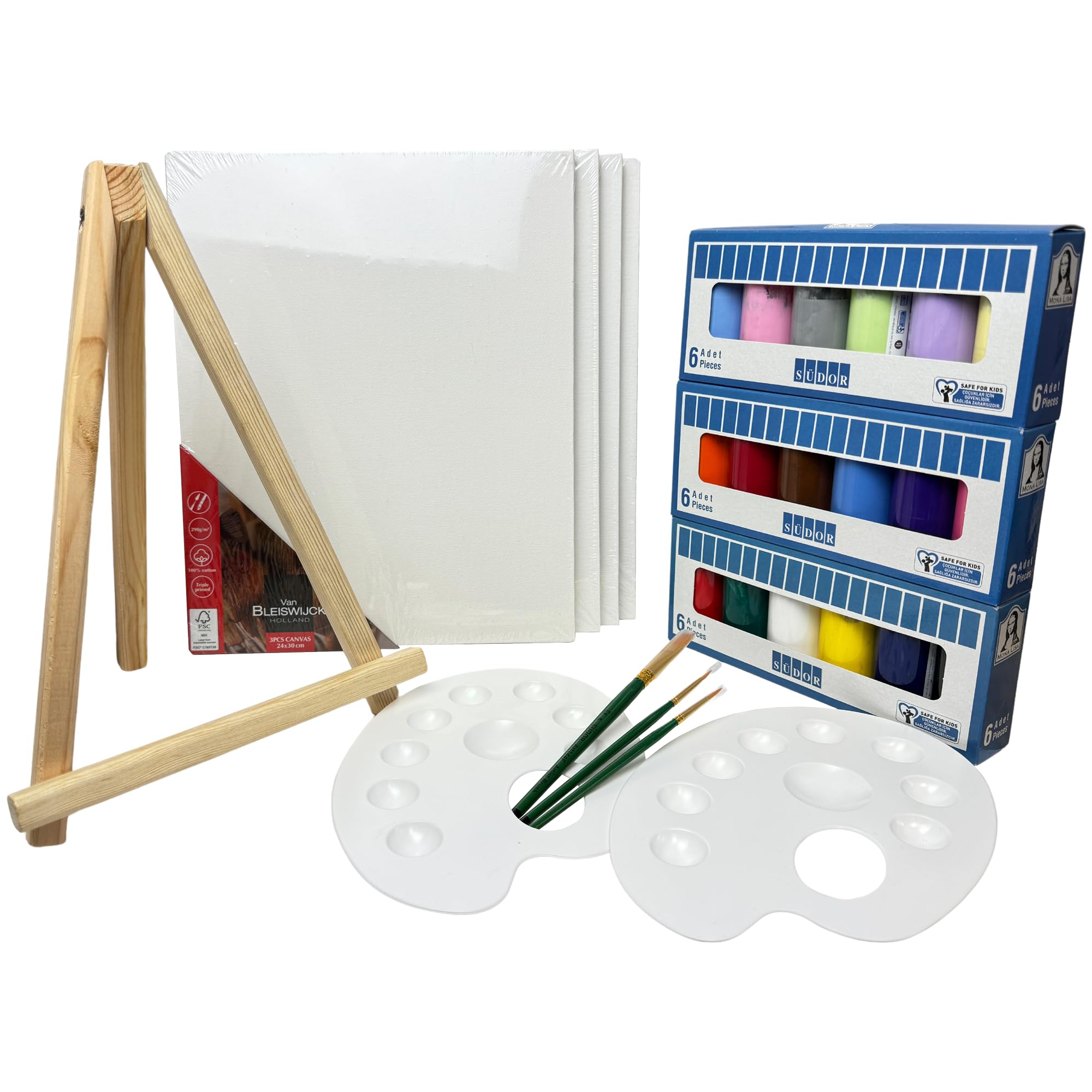35 Piece Mega Beginner Set. Painting Set for Children with 10 Pieces Canvas Each 25 x 35 cm for Painting, 16 Paints 40 ml Each (10 Acrylic Paints, 6 Neon Colours), 6 Brushes, 2 Mixing Palettes, 1