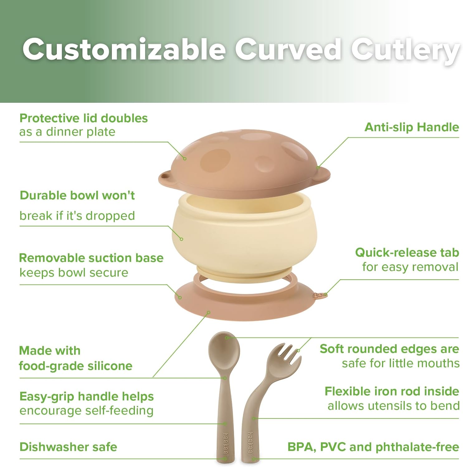 haakaa Silicone Mushroom Bowl & Bendy Cutlery Set – Baby Bowls with Suction & Spillproof Lid, Baby Spoons & Forks for Self Feeding, BPA-Free - Toast