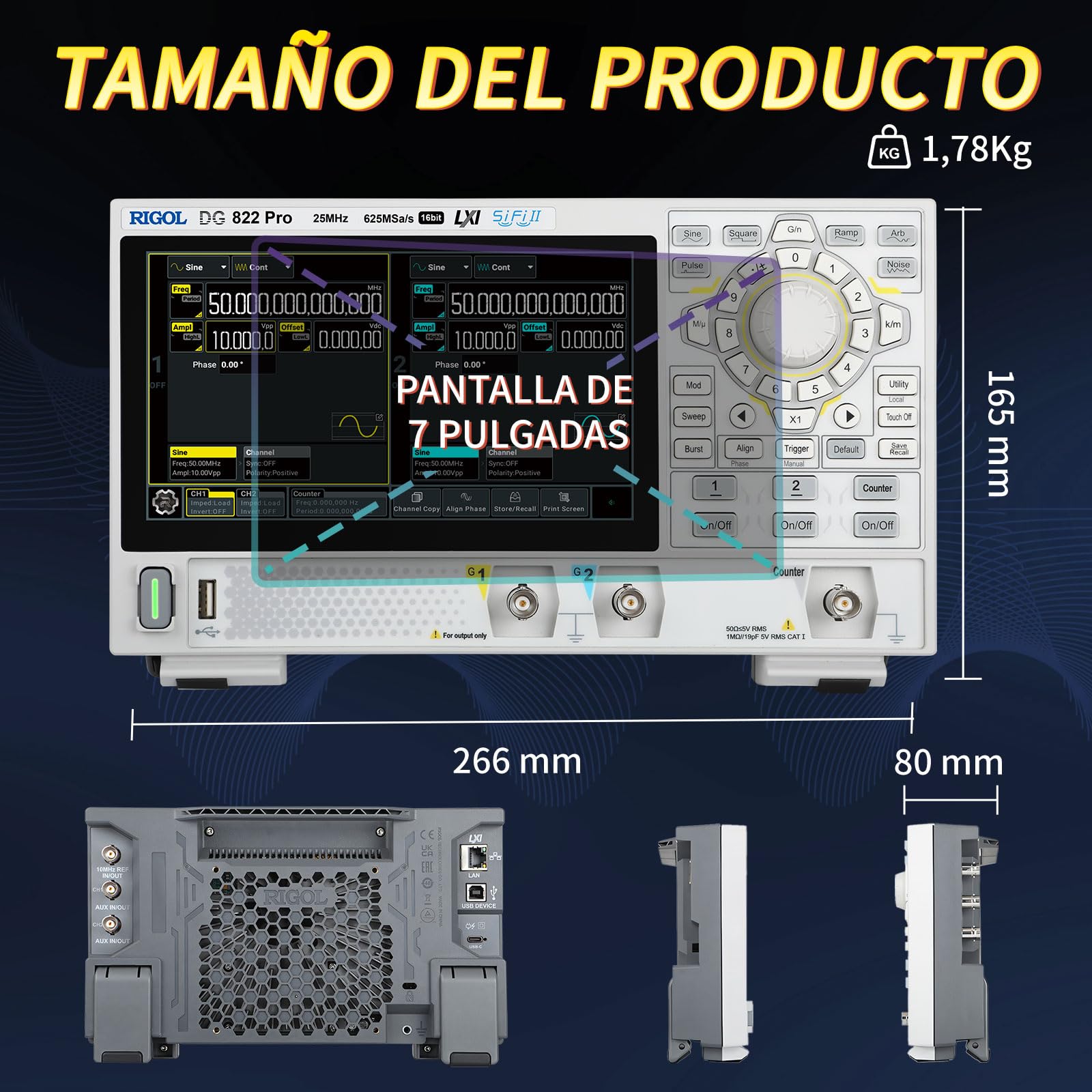 RIGOL Generador de Funciones, DG822 Pro Generador de Señales,25 MHz,2 Canal,Resolución de 16 bits,Pantalla táctil HD de 7 pulgadas,Ultra portátil,Ideal para pruebas en campo y enseñanza en laboratorio