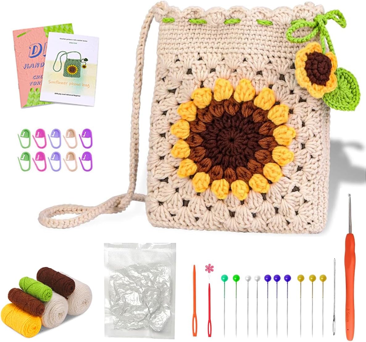 PATPAT DIY Crochet Phone Bag Material Kit Beginners Sun Flower Crochet Phone Sling Bag Material Kit with Yarn, Crochet Needles, Tools & Accessories, Tutorial Video, DIY Gift