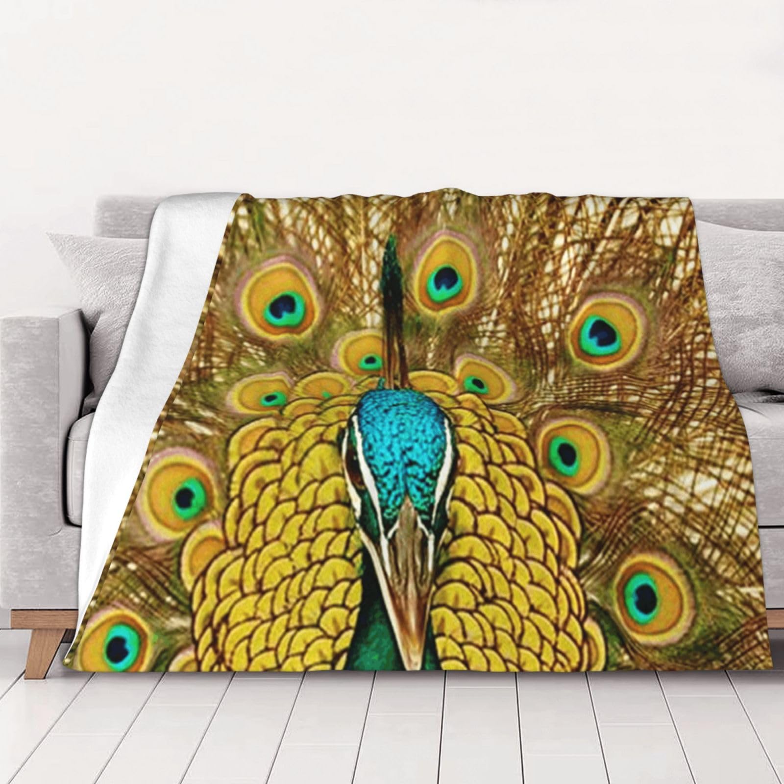 AUBKFELD Peacock Printed Flannel Blanket 150x125 CM, Soft & Warm Throw Blanket for Sofa/Couch/Bed/Car, Gifts for Audlts Women Men
