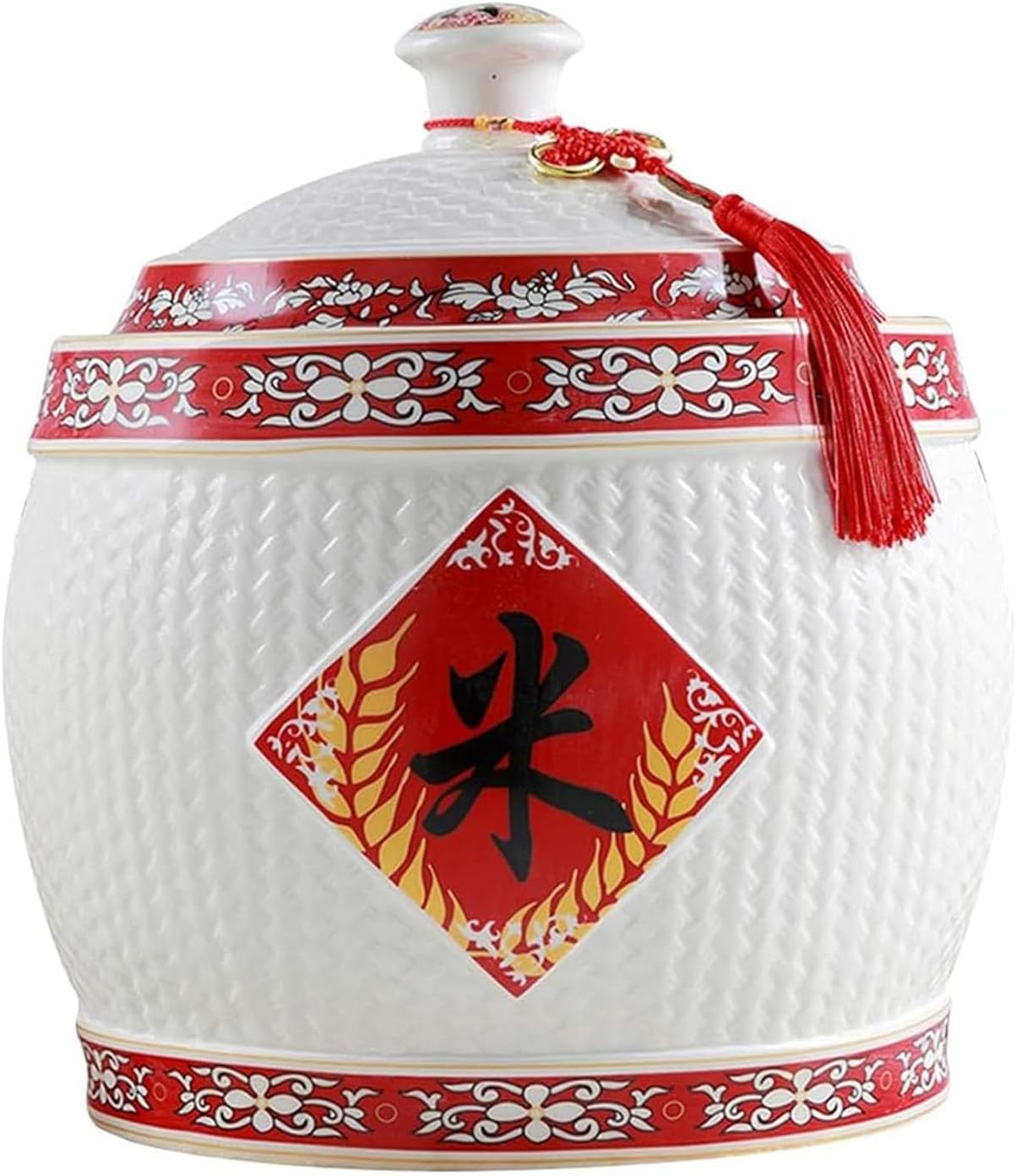 Chinese Style Ceramic Rice Canister, Large Capacity Rice Storage Container with Lid, Sealed Grain Dispenser for Rice, Noodles, Snacks