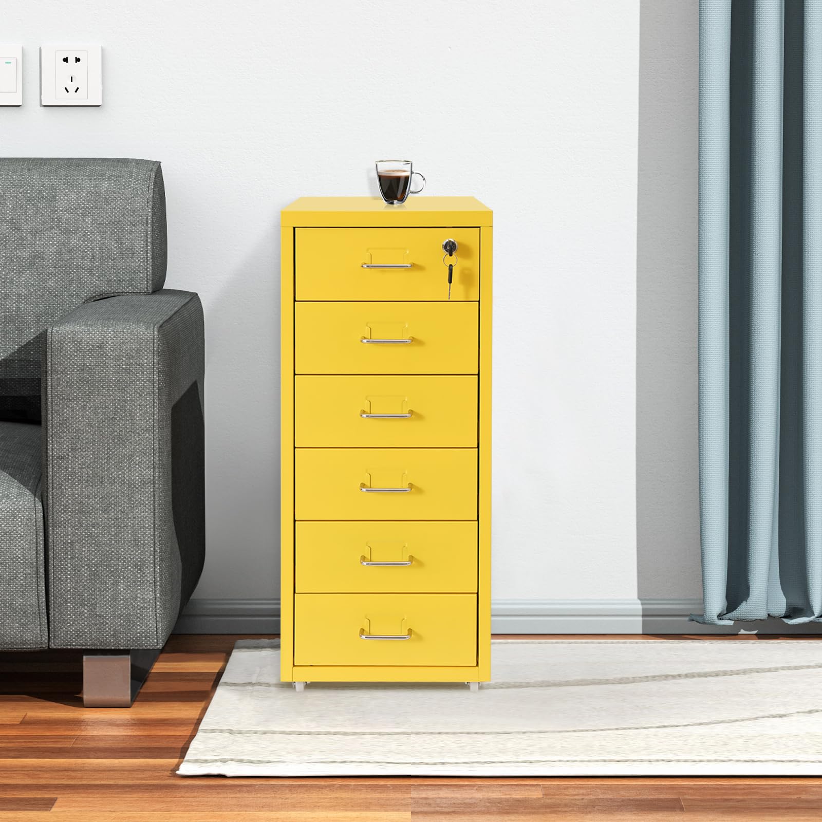 Armadietto mobile con 6 cassetti, con serratura, per ufficio | Contenitore da ufficio in acciaio, 8-10 kg per scomparto, per casa, ufficio, 28 x 41 x 69 cm, giallo