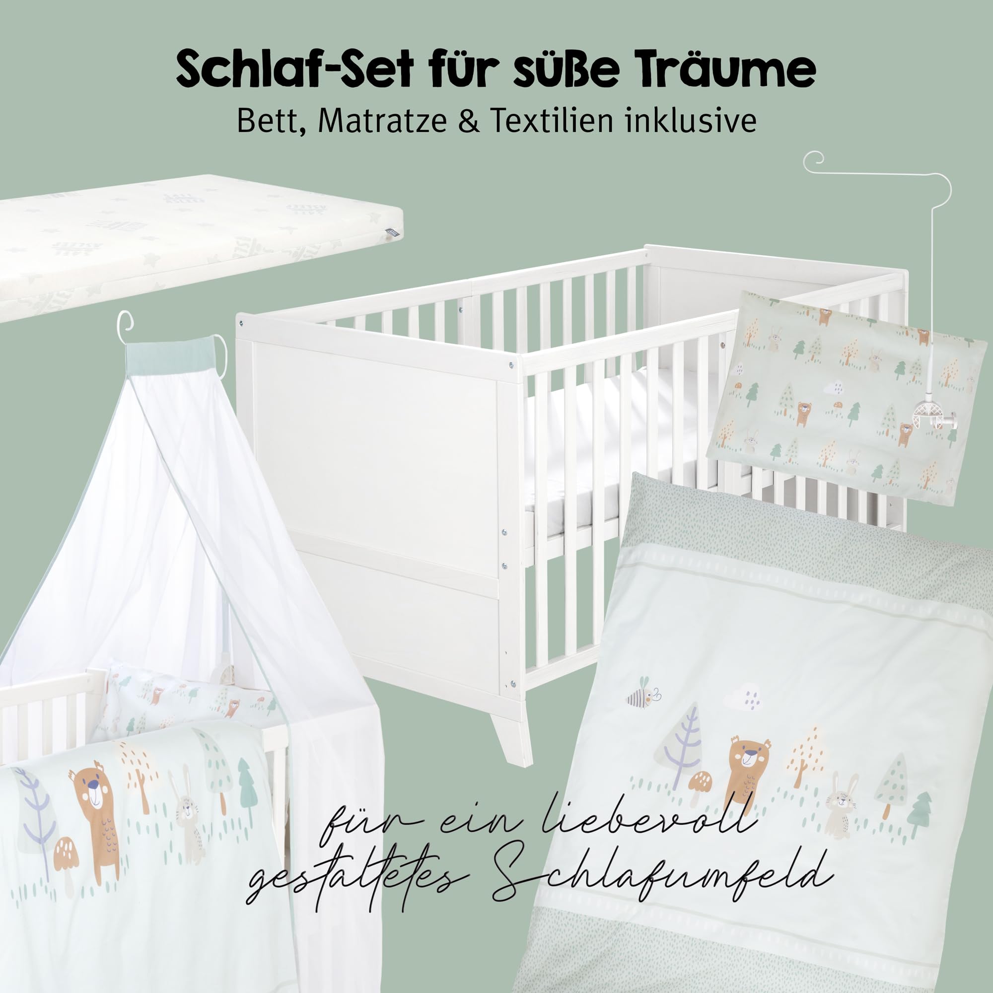 roba Ensemble Complet de Lit Bébé Woodland Buddies - Lit Évolutif 70 x 140 en Bois + Matelas, Linge de Lit, Baldaquin et Support de Baldaquin - À Partir de 6 Mois - Blanc