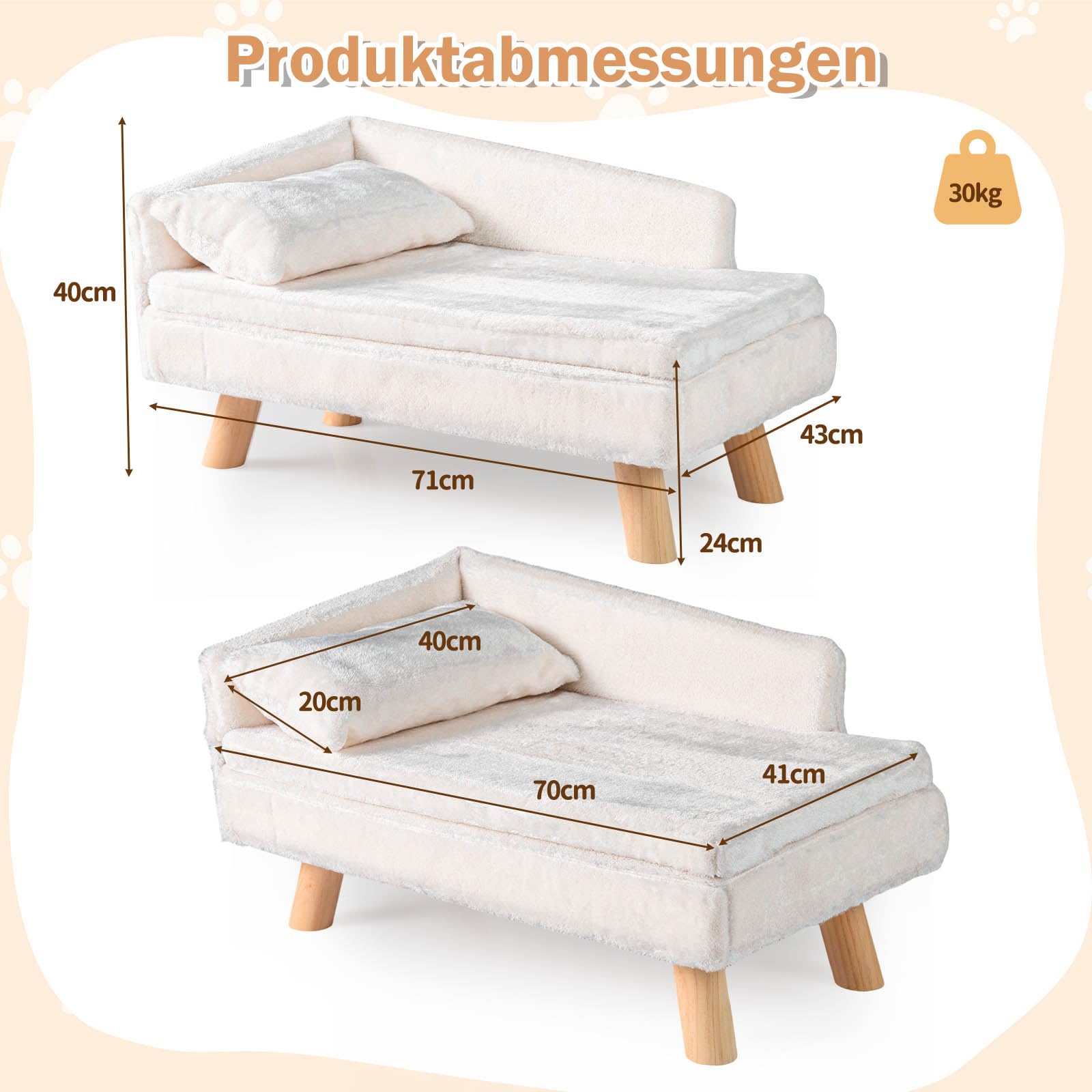 COSTWAY Katzensofa Luxus, Katzenbett erhöht, Katzencouch mit 2 abnehmbaren Kissens, Rückenlehne & Holzbeinen, Katzensessel Haustiersofa Weich, für mittelgroße & kleine Katzen, Hundesofa Indoor (Weiß)