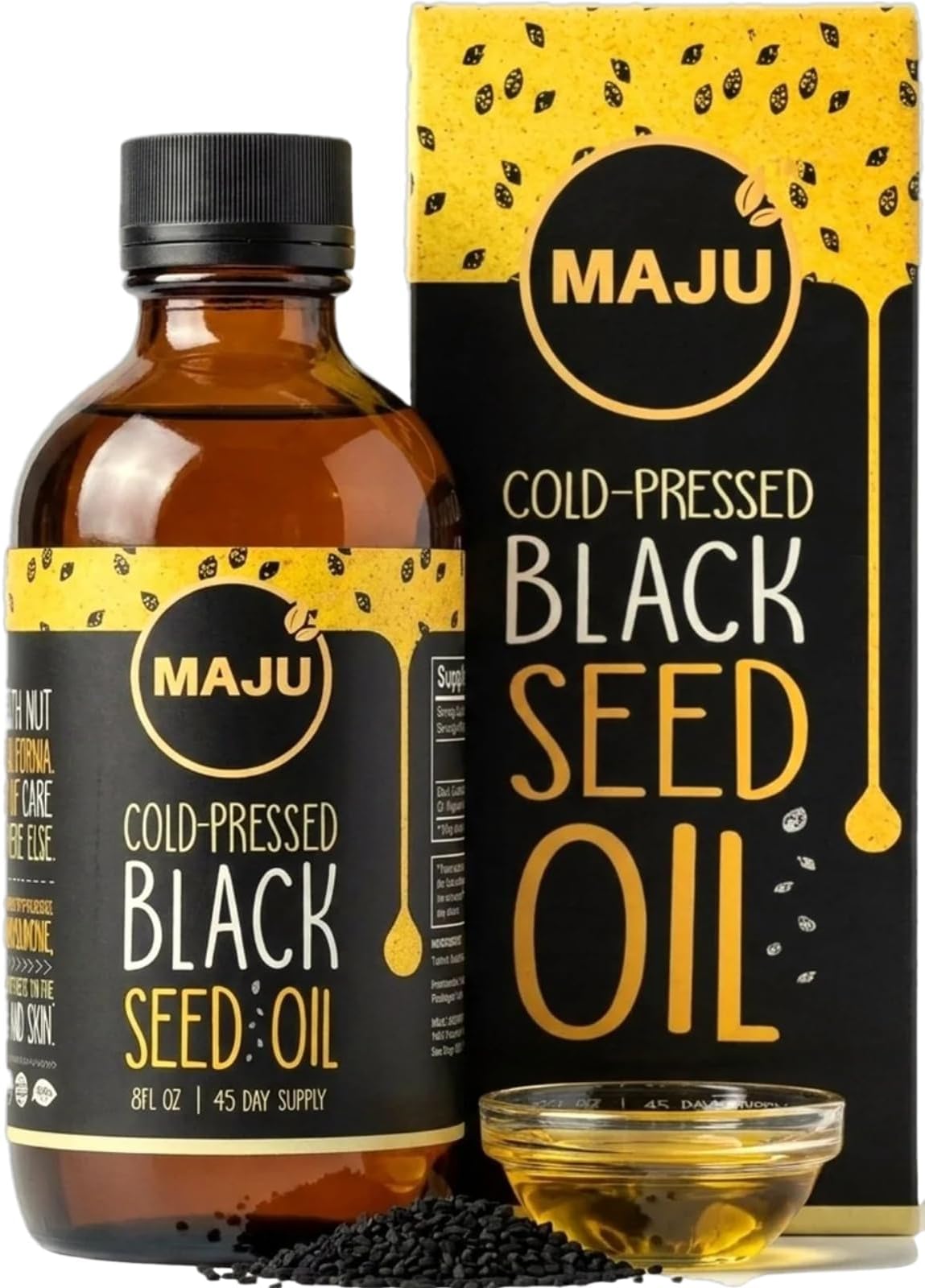 MAJU Black Seed Oil - High Thymoquinone, Wild Turkish Harvest, Cold-Pressed, 100% Black Cumin Seed Oil, Liquid Pure Blackseed, Glass Bottle, 8 oz