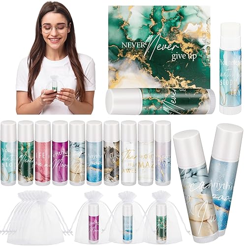 Dansib 50 juegos de bálsamo labial regalos de agradecimiento a los empleados a granel para el equipo hidratante con 50 bolsas de organza marmoleadas