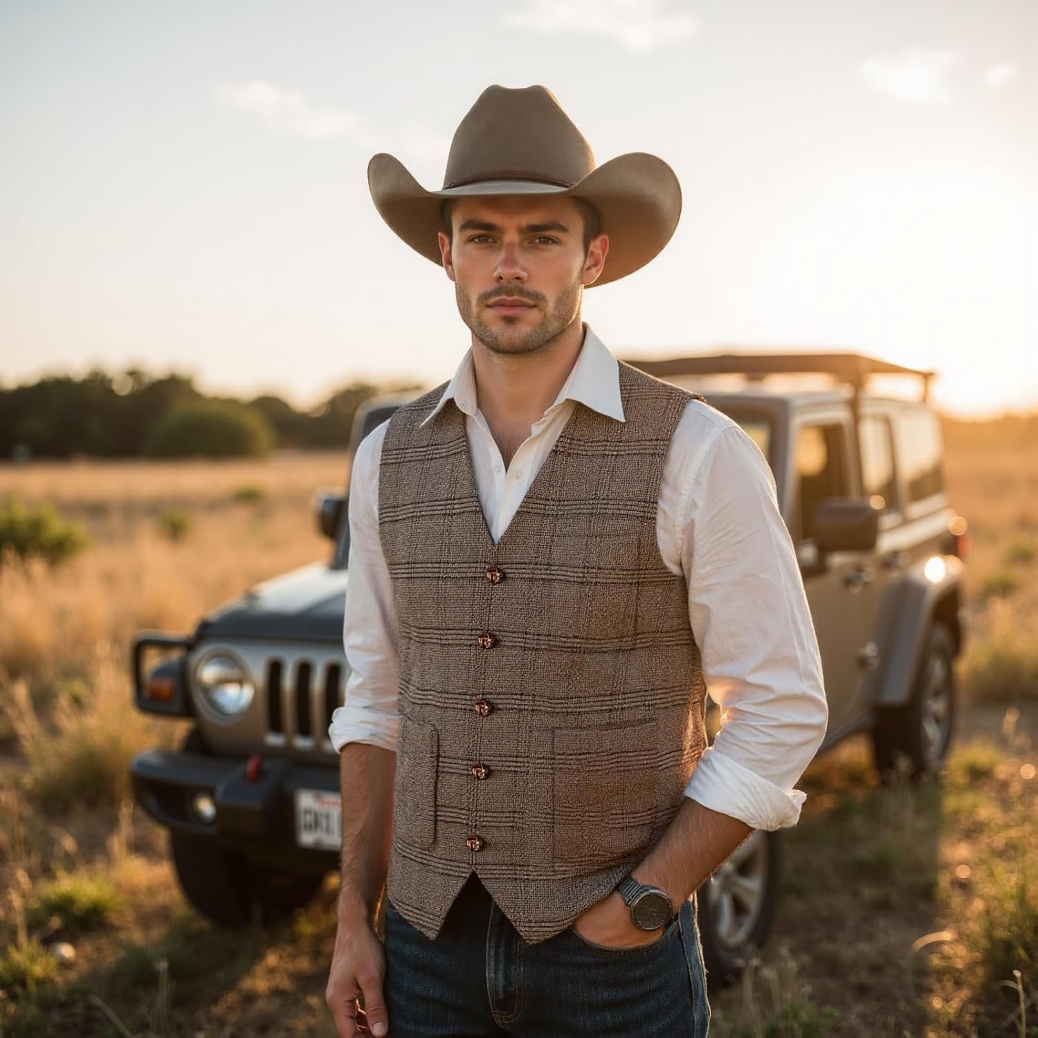 SevenBoy Mens Vintage Suit Vest Plaid Tweed Waistcoat Casual Dress Vest - Image 5