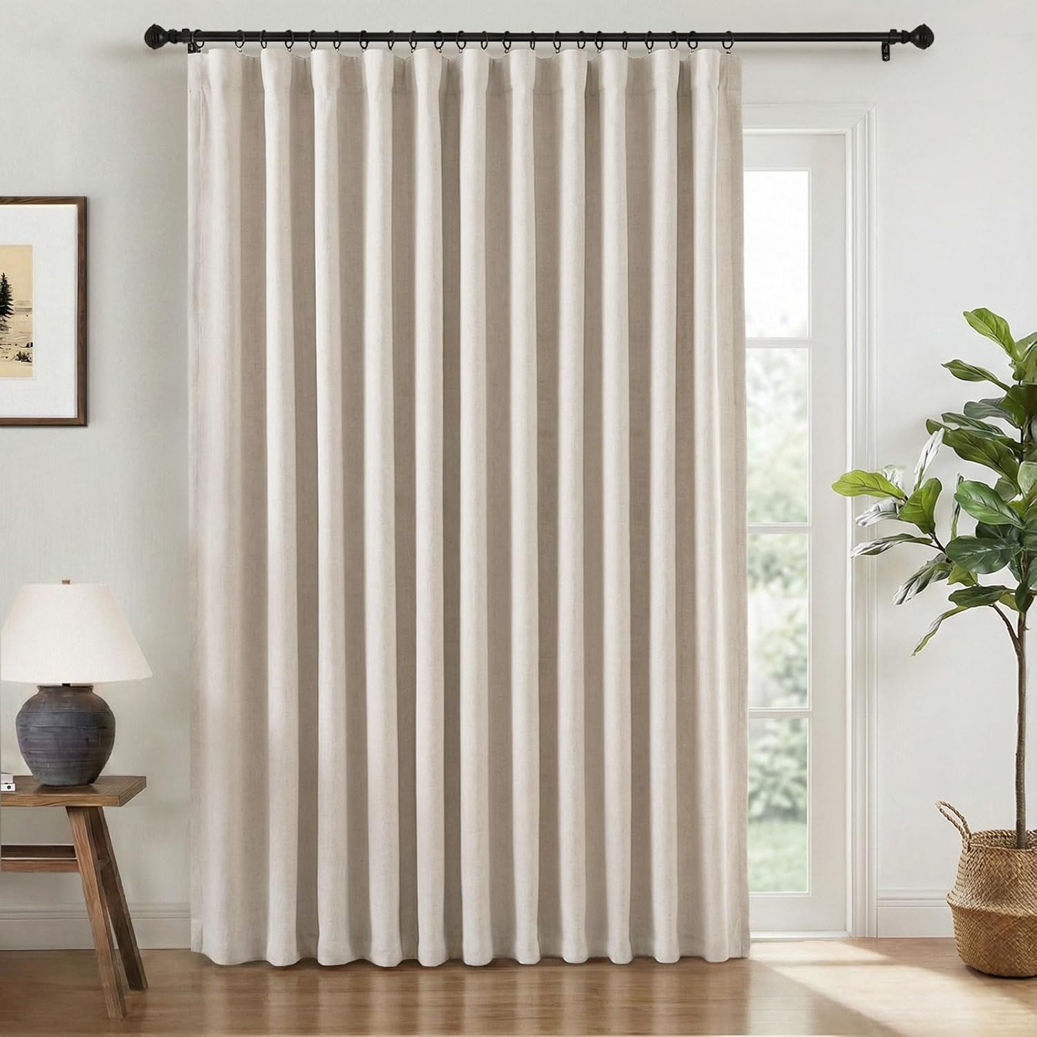 INOVADAY 100% Blackout Curtains for Sliding Glass Doors, 102 Inch Extra Wide Sliding Door Curtains, Clip Rings Linen Drapes, Thermal Insulated Room Darkening for Living Room, 1 Panel - Beige, W102xL84