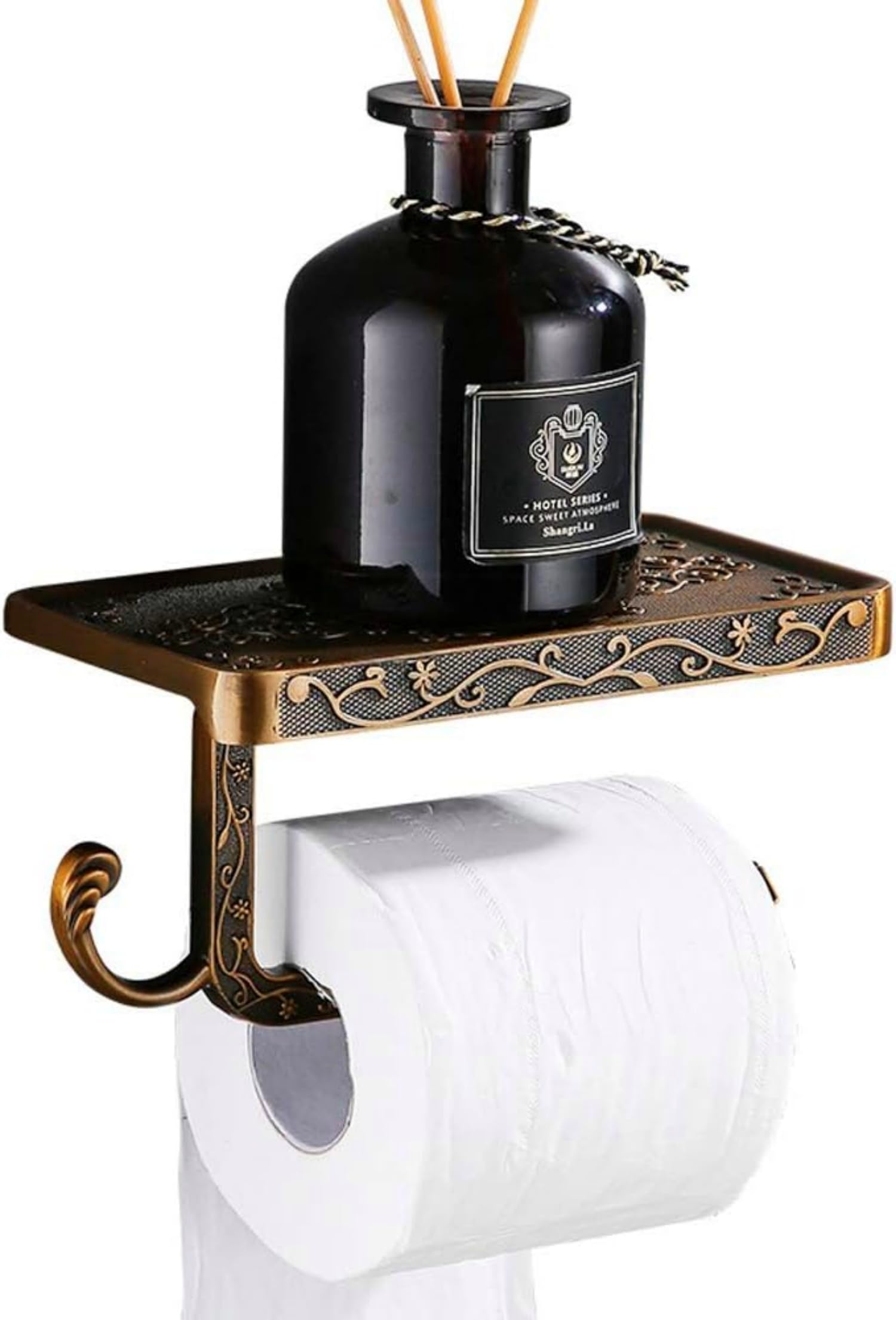 Photo 1 of Antique Carving Toilet Paper Holder?Wall Mounted Single Roll Cell Phone Roll Holder Shelf for Bathroom Decor (Bronze)