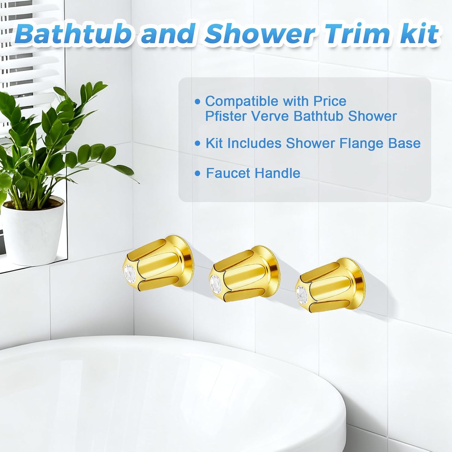 3 Piece Bathtub Shower Knob Replacement Kit Compatible with Price Pfister Verve and Windsor Tub/Shower Faucet Handle, Remodel/Rebuild Trim Kit with Diverter Hot & Cold Shower Knobs (Gold)
