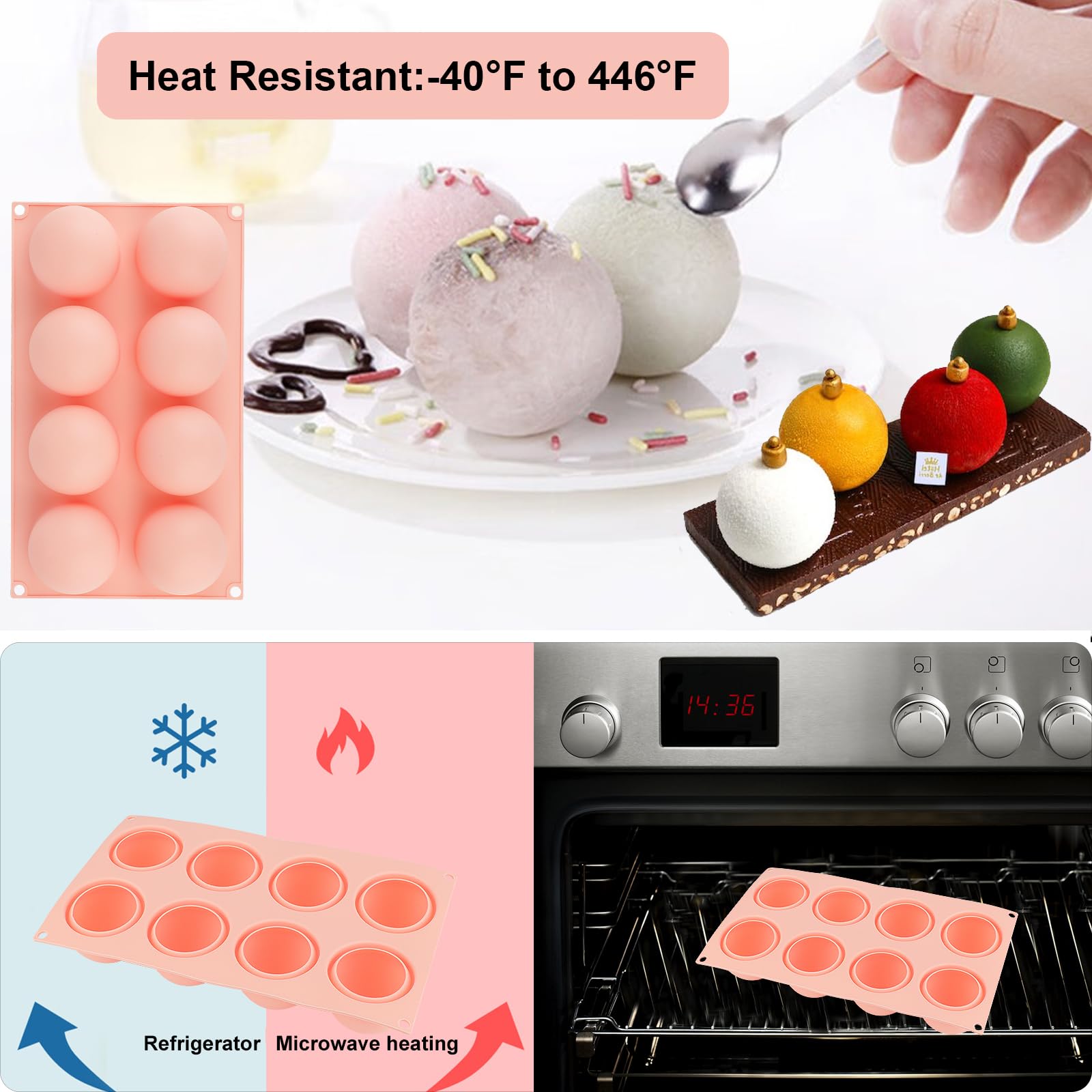 Nalchois Kugelförmige Silikonformen, 3D-Silikon-Backform für Mousse-Kuchen, Fondant, Seife und Eis, antihaftbeschichtet, leicht zu lösen, BPA-frei, Schokoladenformen, 8 Mulden