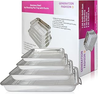 New with Gift Box 4 Pcs Professional Stainless Steel Roasting Trays with Removable Rack Pan Kitchen Cooking Baking Sturdy Handles Built to Last for Years Oven Roasting Pan