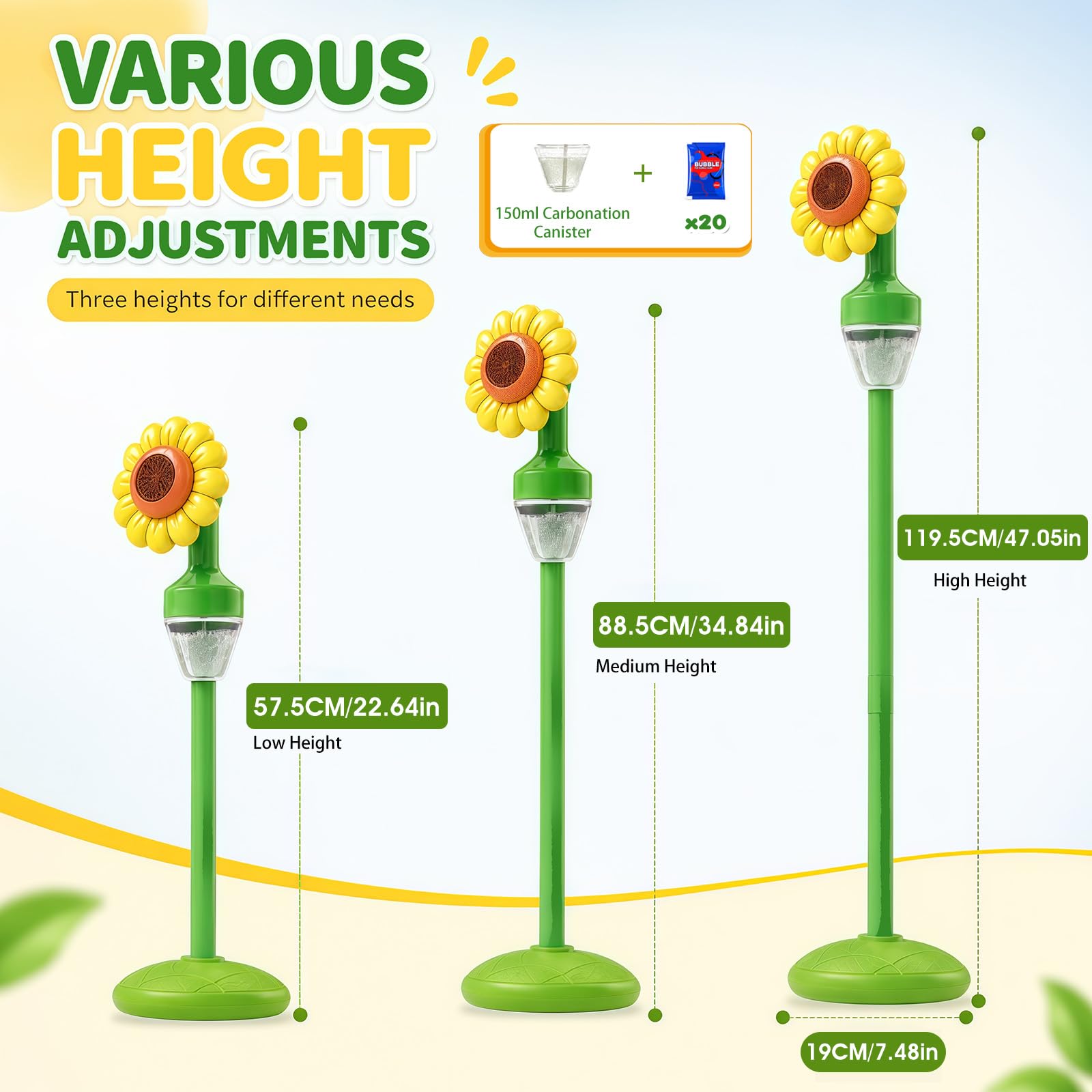 Máquina de burbujas de jabón para niños, girasoles, de pie, con batería, con luz LED y música, 150 ml + 20 x líquido de burbujas para cumpleaños/fiesta/boda