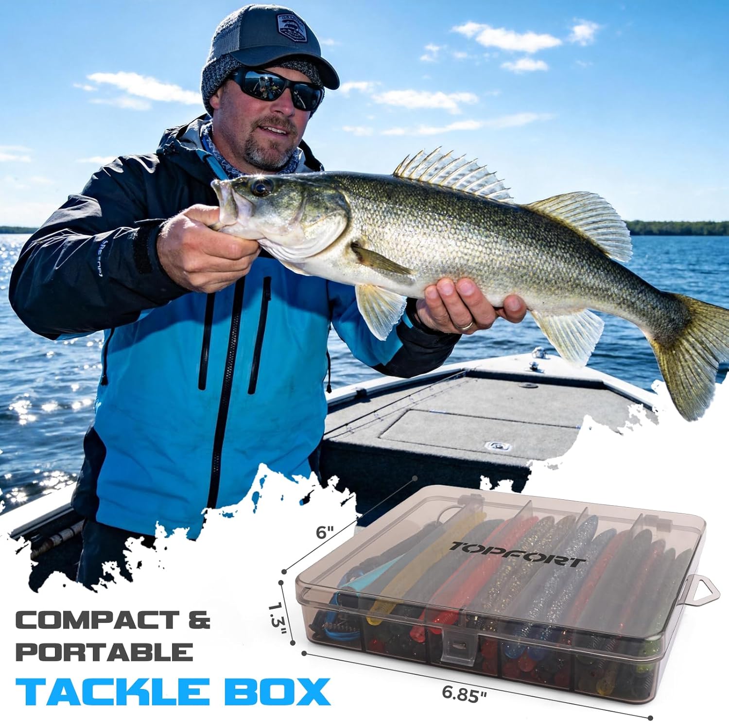 TOPFORT Fishing Lures, Bass Fishing Kit with Wacky Worm, Fishing Worms for Bass Fishing, Soft Plastic Baits with Hooks, Weights, Fishing Accessories, Fishing Gear Fishing Gifts for Men with Tackle Box