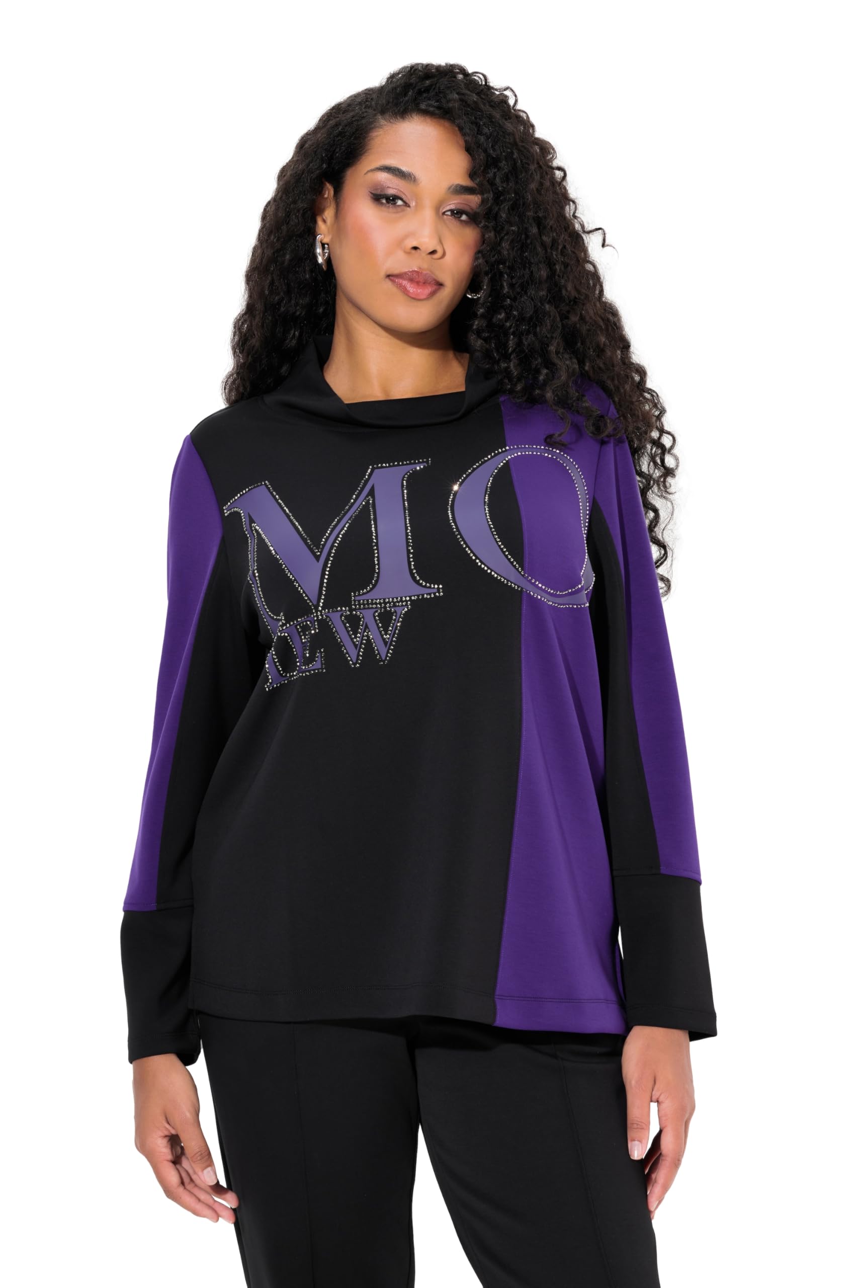 Ulla Popken Damen große Größen Übergrößen Plus Size Sweatshirt, Zierstein-Schriftzug, Stehkragen, Langarm 833468