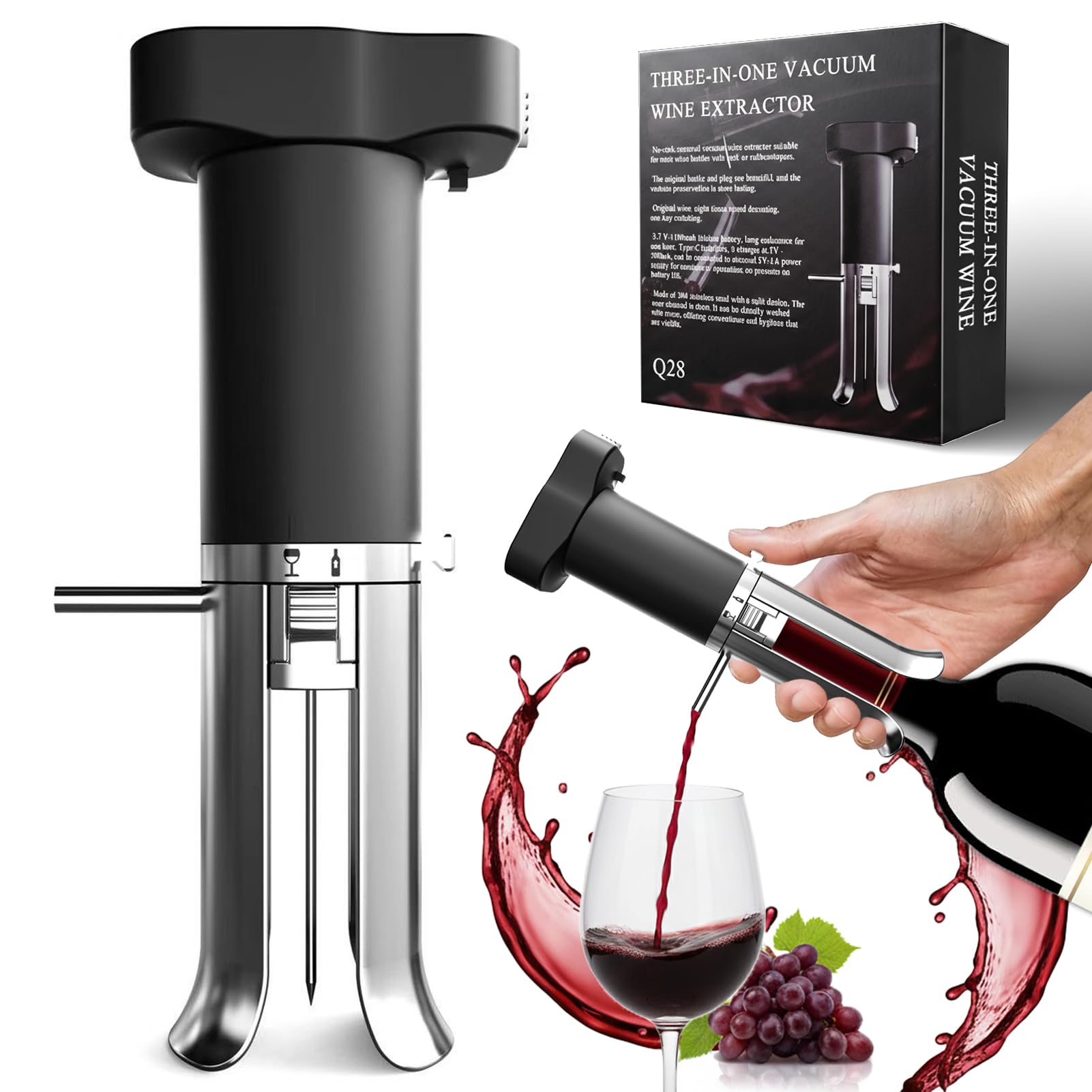 ZONSUSE Aérateur de Vin Électrique, 3-en-1 Distributeur de Vin, Verseur et Carafe Intégrés, Système de Préservation du Vin, Conserve le Vin 10+ Jours, Cadeau pour les Amateurs de Vin (Noir Argent)
