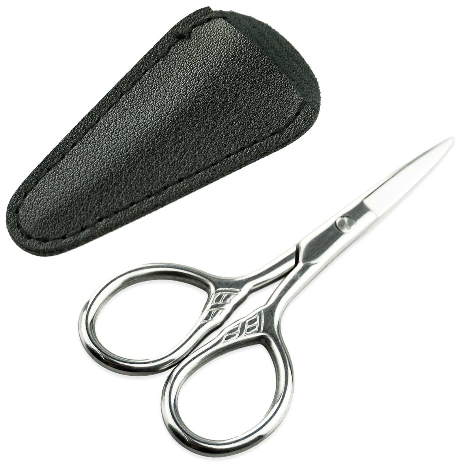 Tijeras de aseo de acero inoxidable: tijeras de cejas, barba y bigote, kit recortador de vello facial de punta pequeña nariz para hombres y mujeres con funda de poliuretano