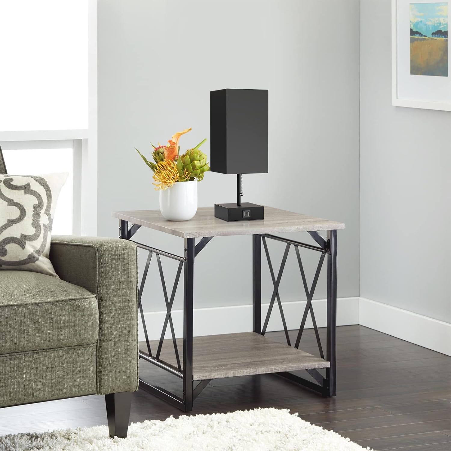 GGOYING USB Bedside Table Lamp, Pull Chain Nightstand Table Lamp with 2700K LED Bulb, Black Fabric Linen Lampshade, USB C+A Charging Ports for Living Room Bedroom Office