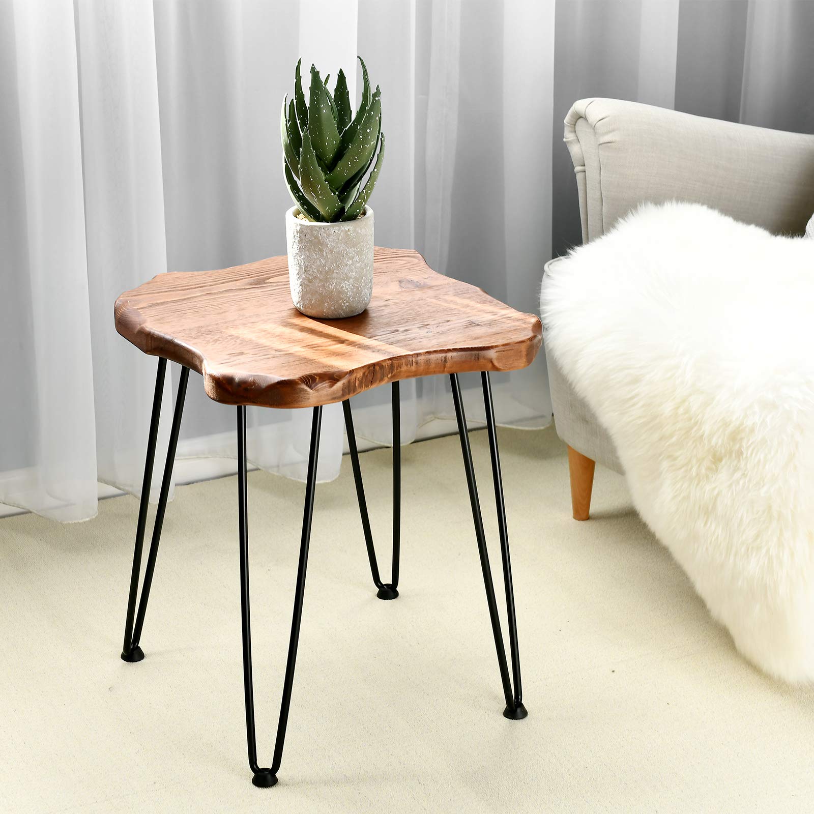 WELLAND Rustic End Table with Hairpin Legs, Natural Edge Side Table for Living Room, Bedroom, Heavy-duty Pine Wood Top with Espresso finish, Easy to Assemble, 17.7”W x 17.7”D x 20.3”H