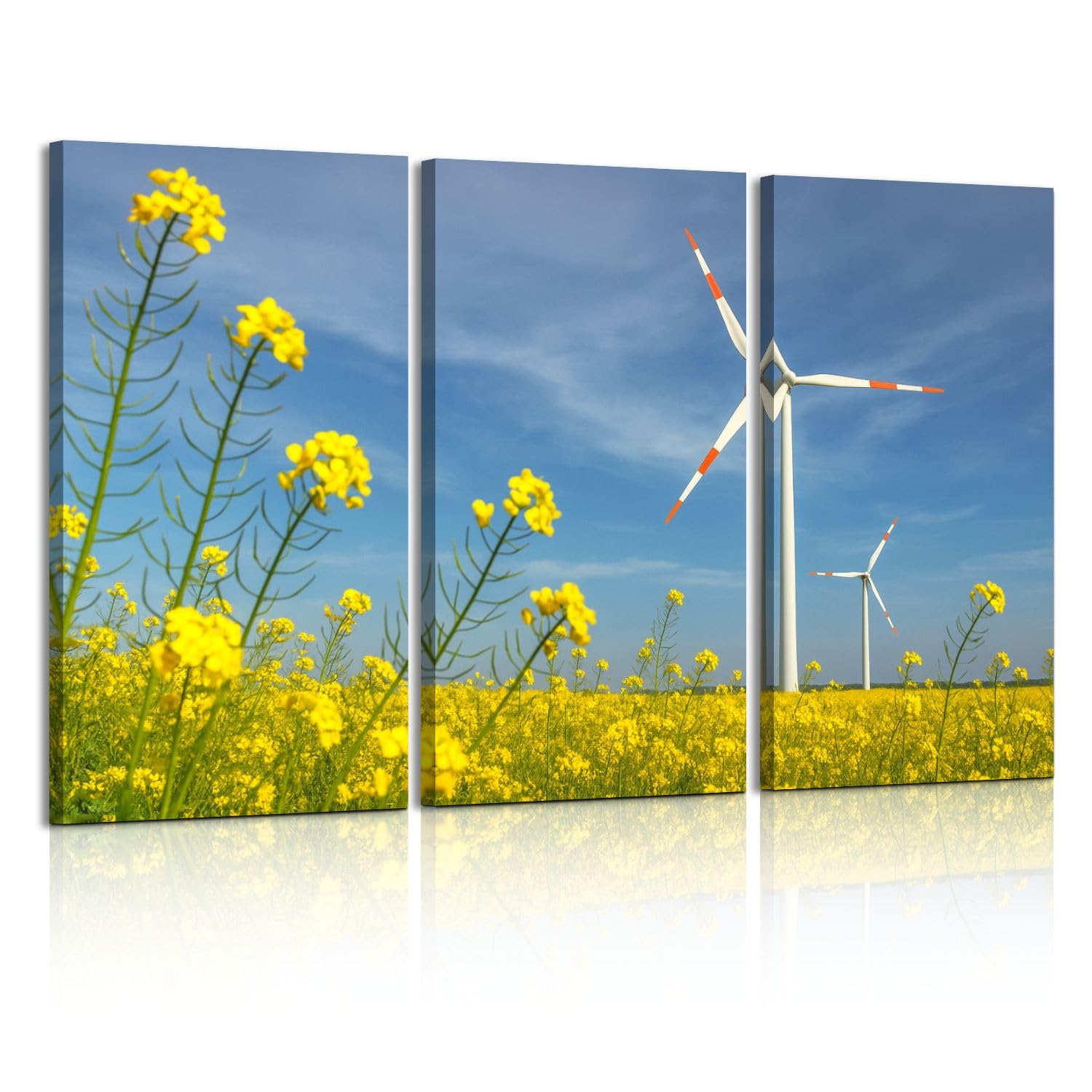 3 Piece Canvas Wall Art Prints Picture Wind turbines flowering canola field Framed Wall Painting Modern Artwork Poster Home Decor for Living Room Office Ready to Hang