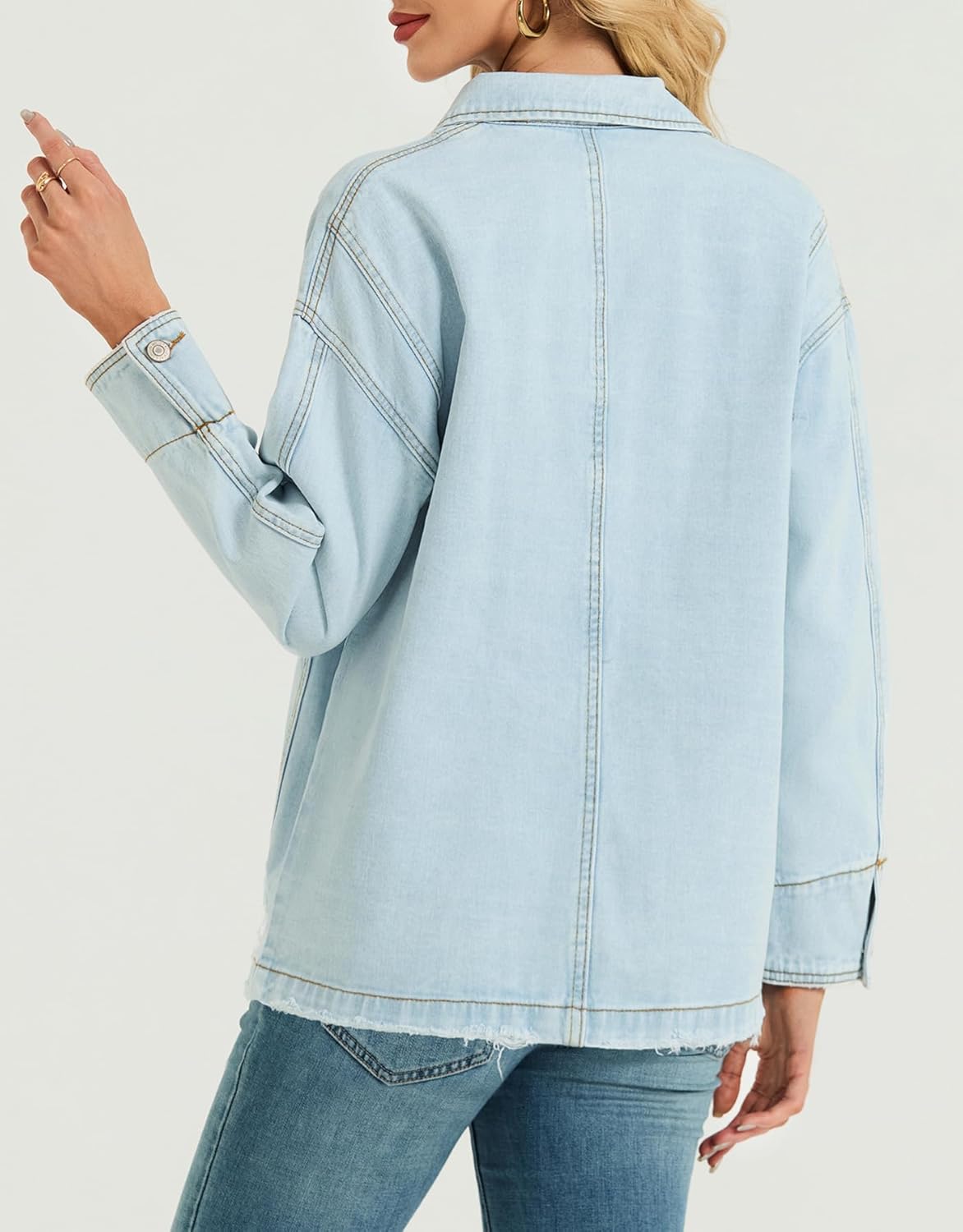 Women Long Sleeve Denim Jacket Button Down Oversized Jean Jacket Jean Shirt - Image 4